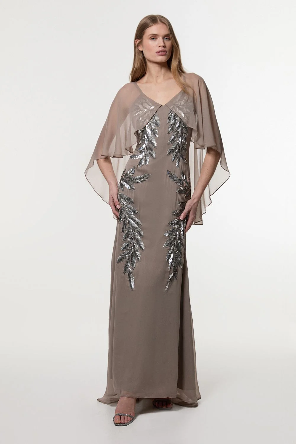 Feather Embellished Woven Cape Sleeve Maxi Dress - 1