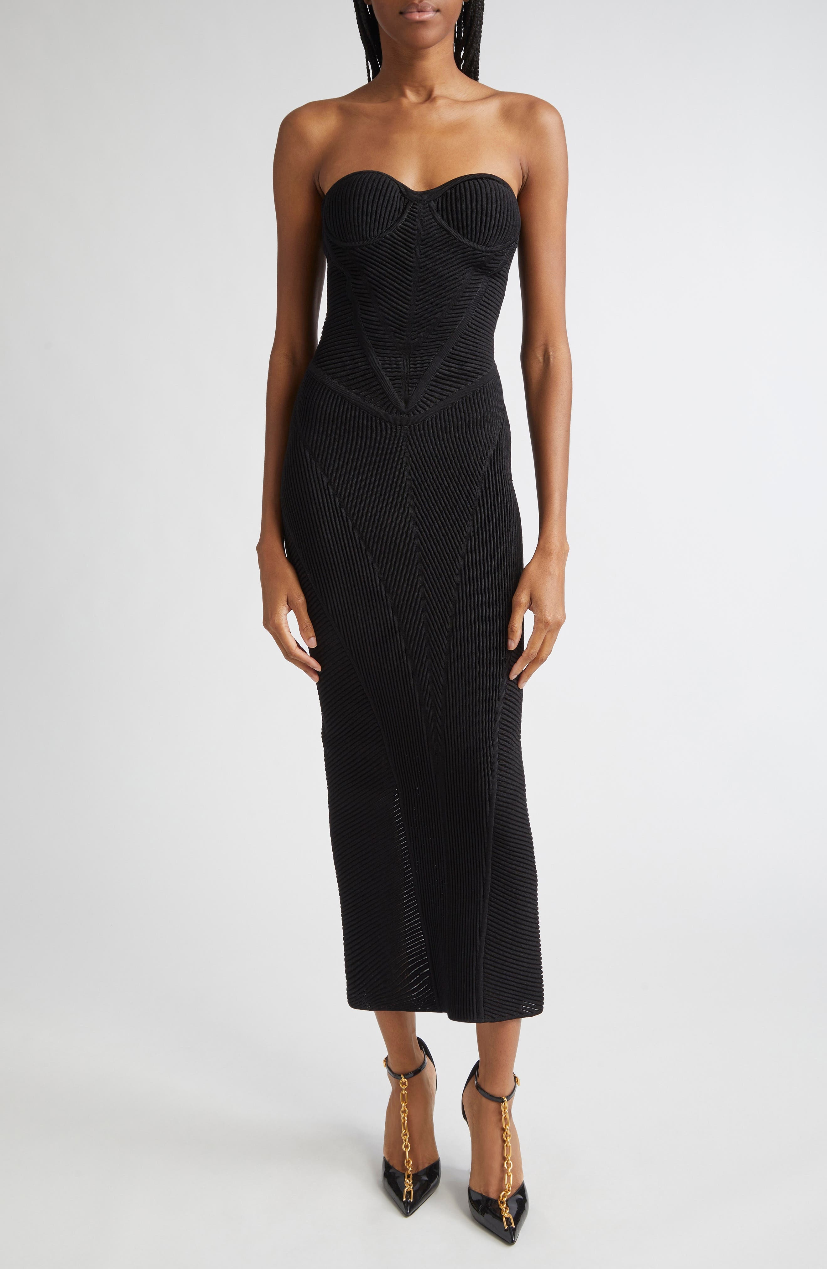 Balmain Strapless Knit Body-Con Bustier Dress in 0Pa Black at Nordstrom - 1