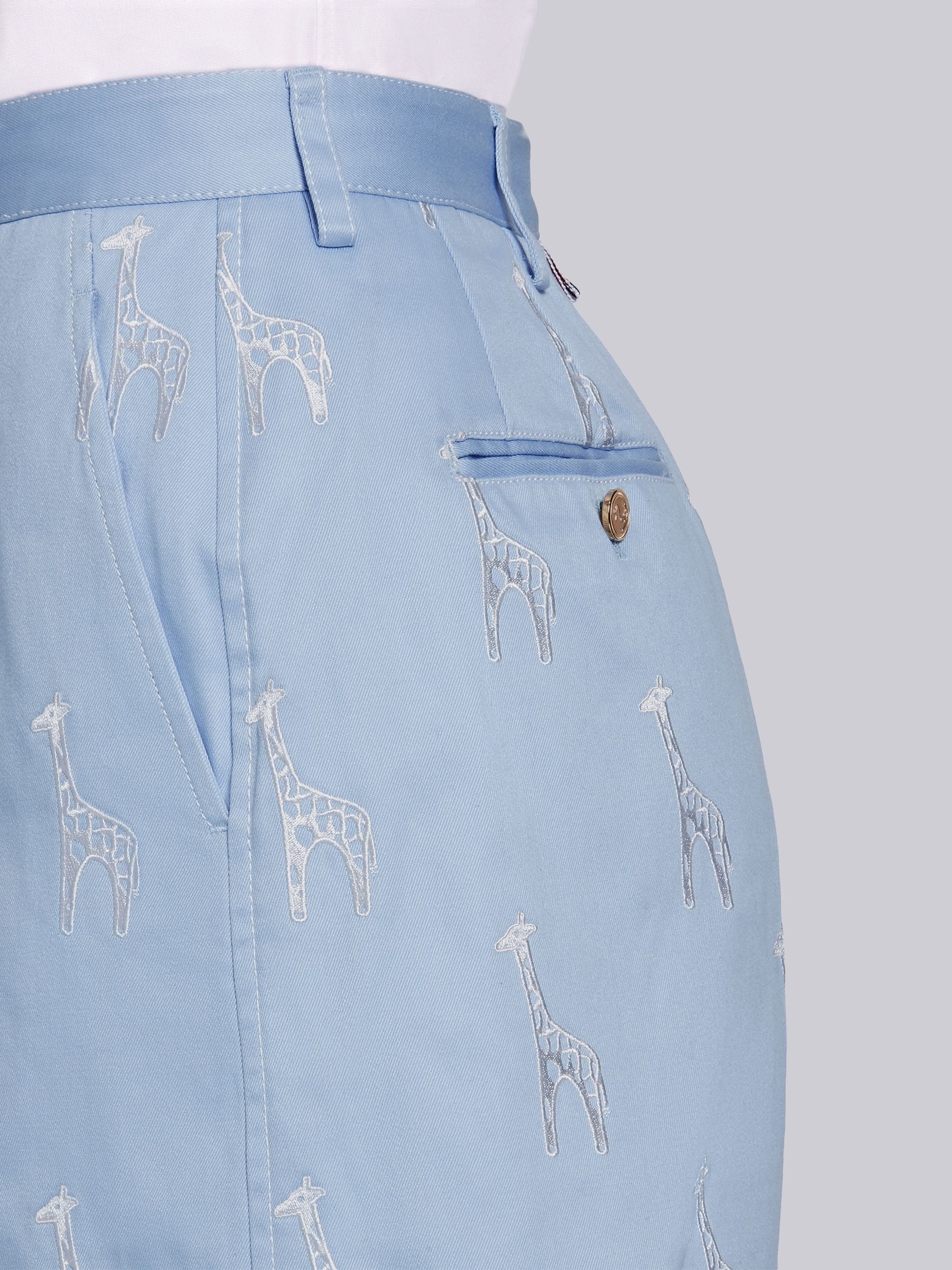 Light Blue Cotton Twill Giraffe Icon Embroidered High Waisted Short - 5