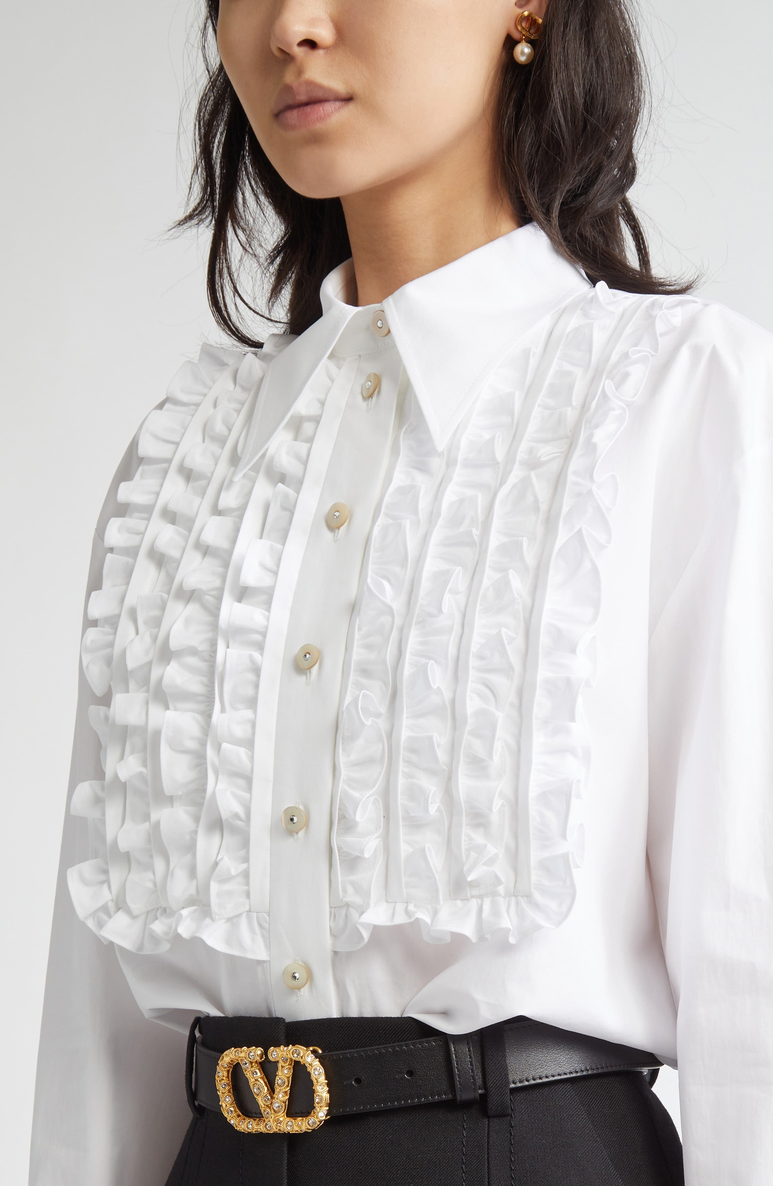 Valentino Garavani Ruffle Bib Cotton Poplin Button-Up Shirt in White at Nordstrom - 5