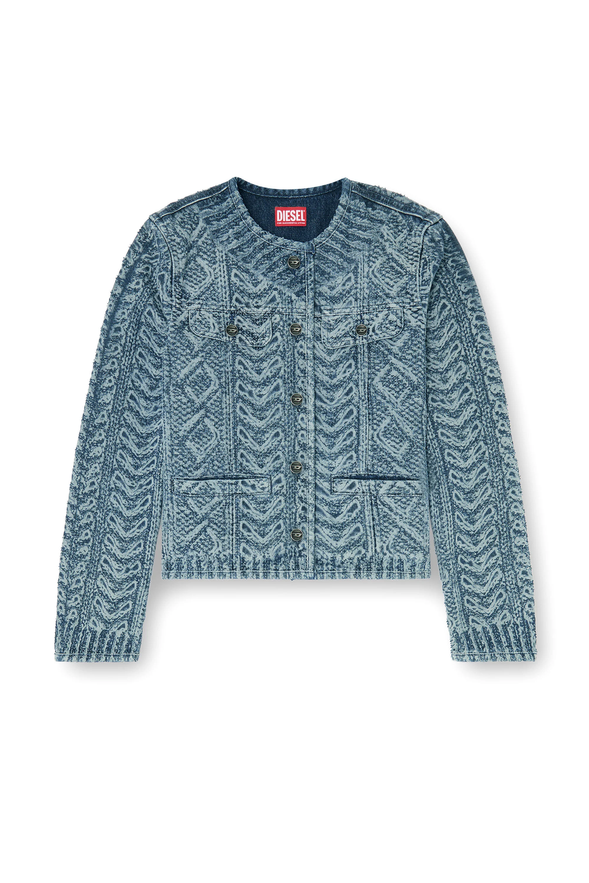 COLLARLESS JACKET IN CABLE-KNIT-EFFECT DENIM - 1