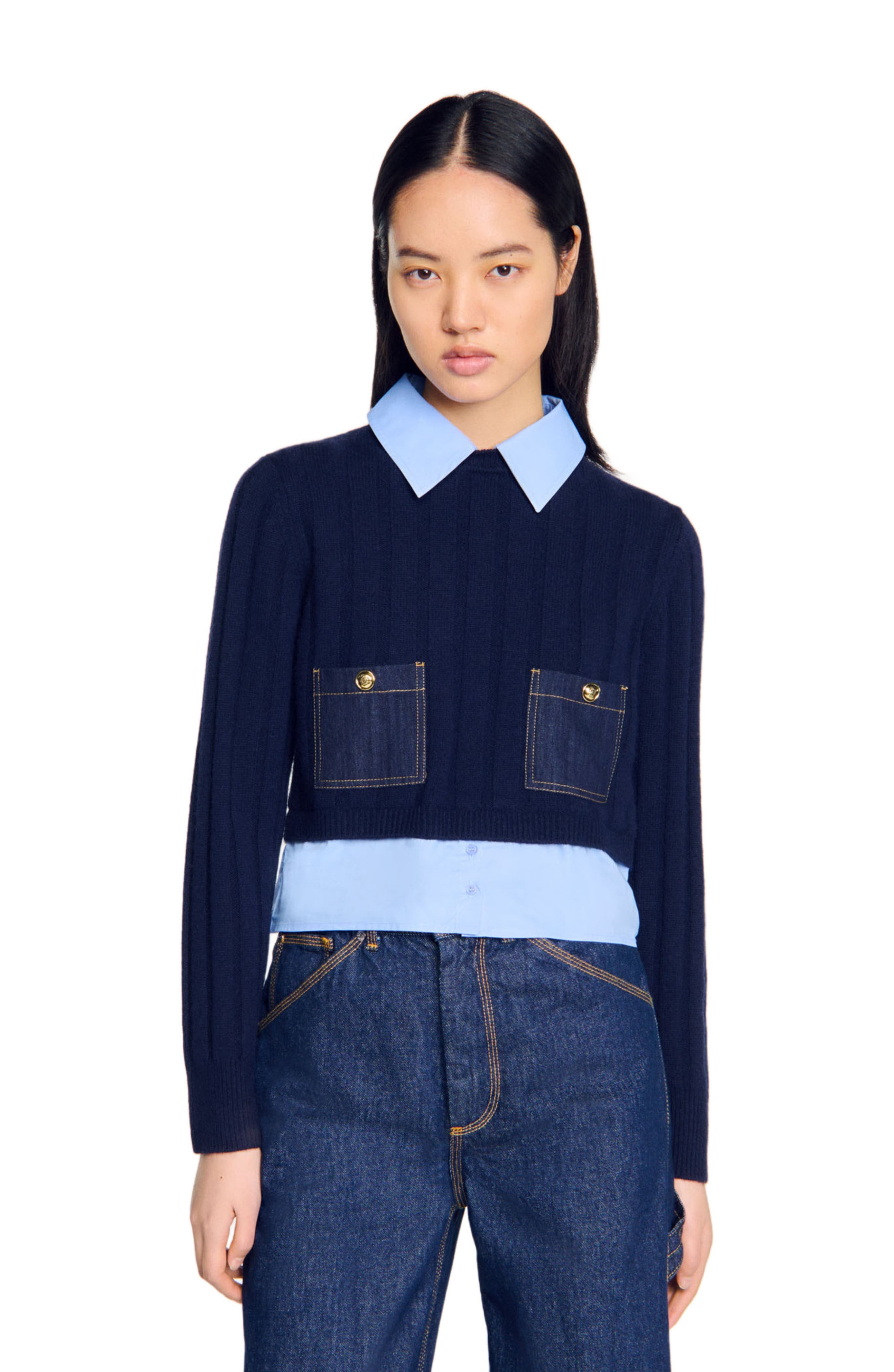 SANDRO Layered-effect sweater in Navy Blue at Nordstrom - 3