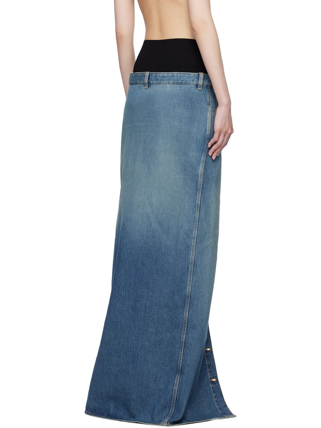 Blue Knitted Waistband Denim Maxi Skirt - 3