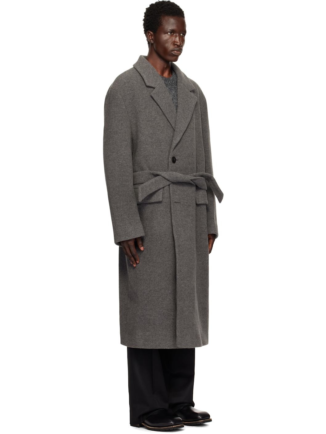 Gray Wool Blend Belted Coat - 2