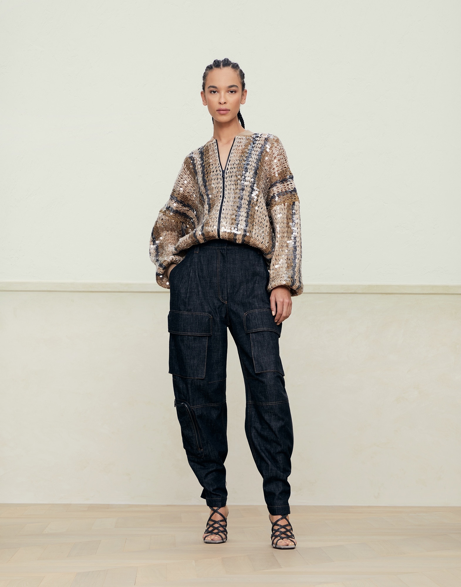 Dark polished denim multipocket trousers with monili - 4