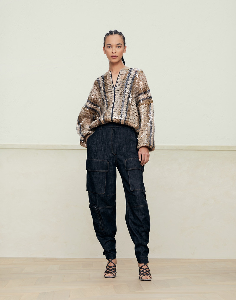 Brunello Cucinelli Dark polished denim multipocket trousers with monili outlook