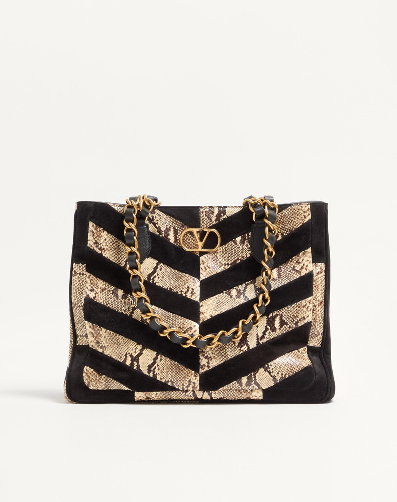 VALENTINO GARAVANI LASEINE SHOPPING BAG IN PYTHON AND CHEVRON-PATTERNED SUEDE 1