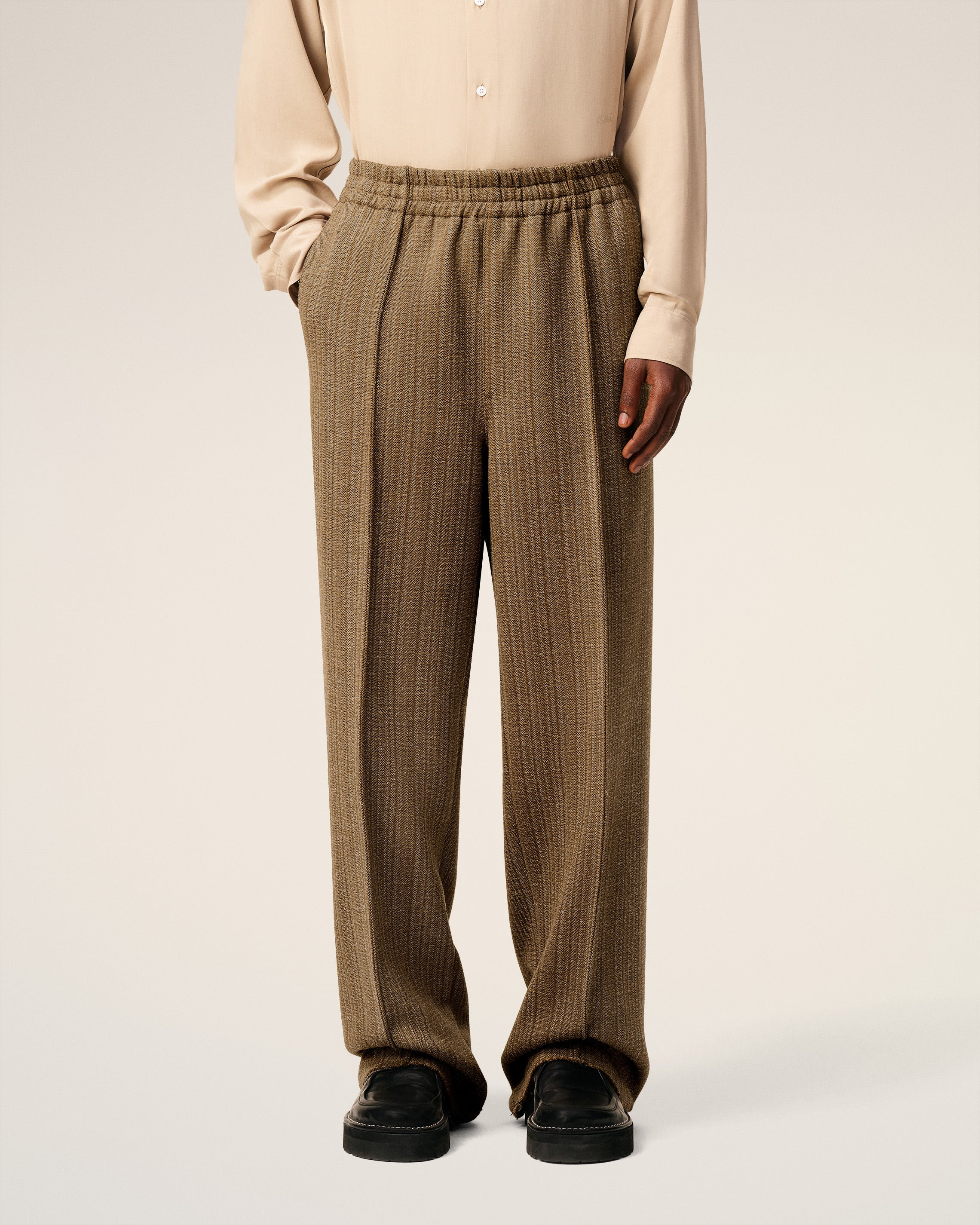 BROWN WOOL HERRINGBONE ELASTICATED TROUSERS - 3