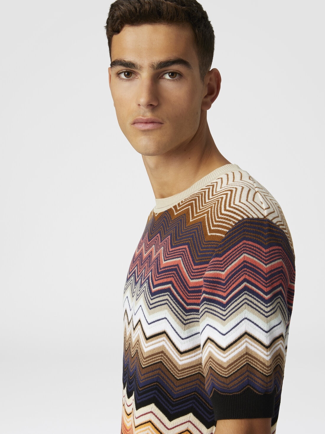 Zig zag cotton knit crewneck T-shirt with contrasting piping - 5