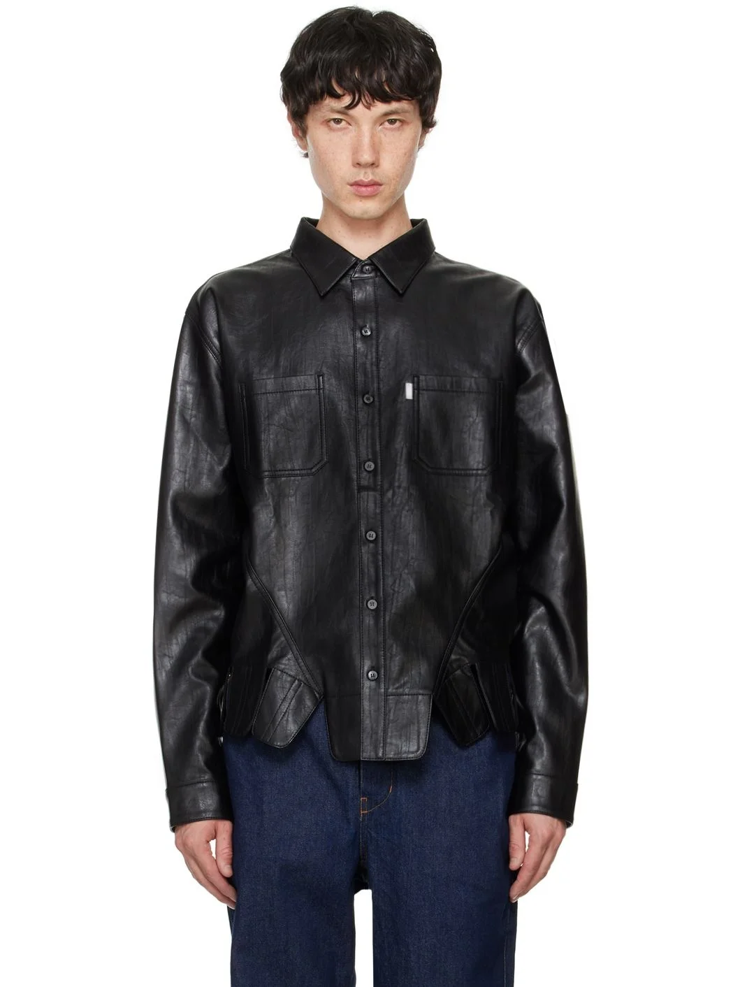 Black Square Petal Corset Faux-Leather Shirt - 1