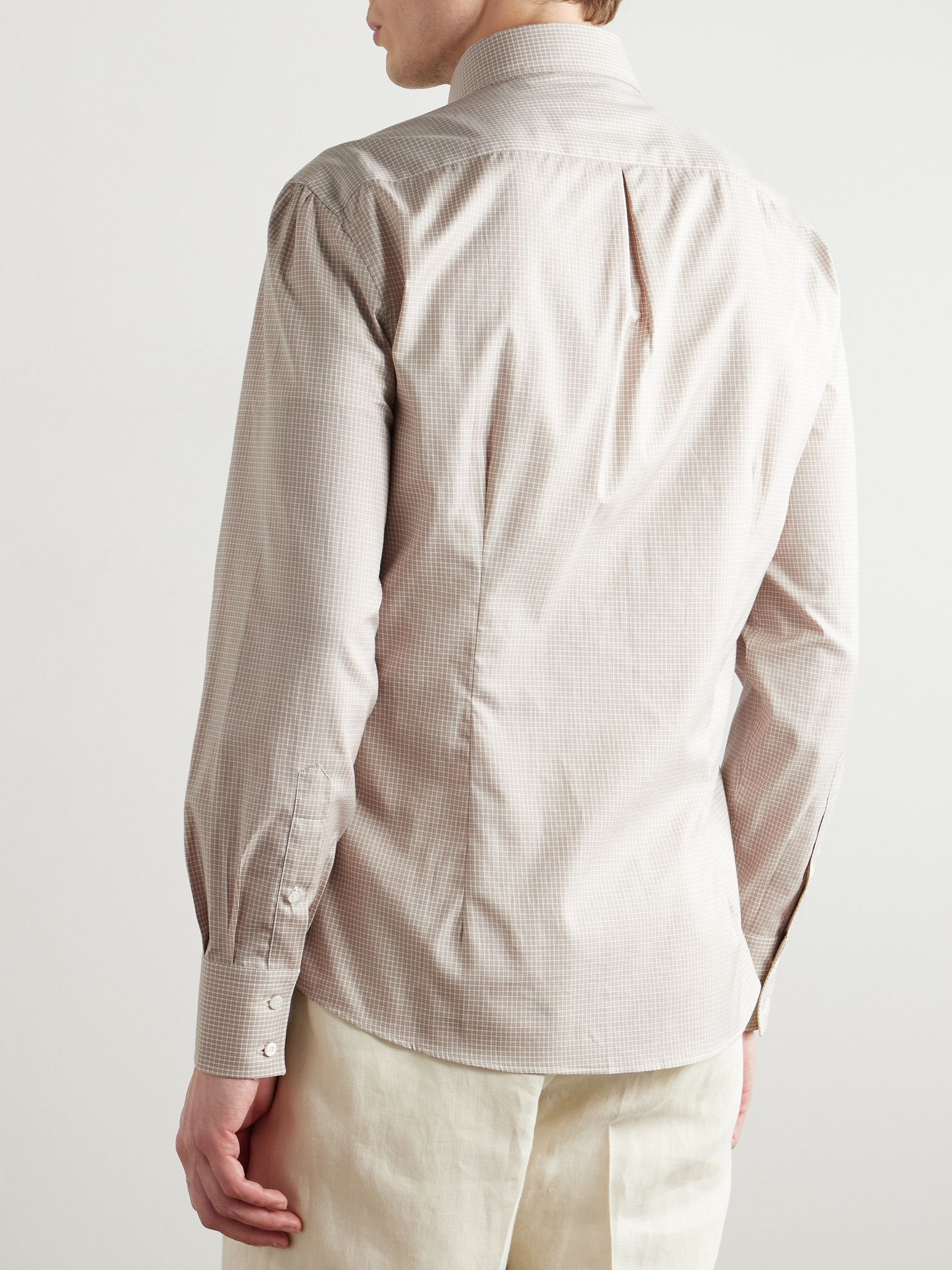 Slim-Fit Button-Down Collar Checked Cotton Shirt Beige - 4