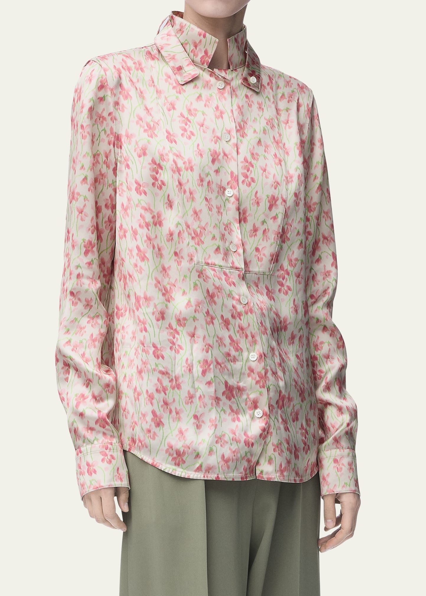 Floral Print Satin Button-Down Overshirt - 5