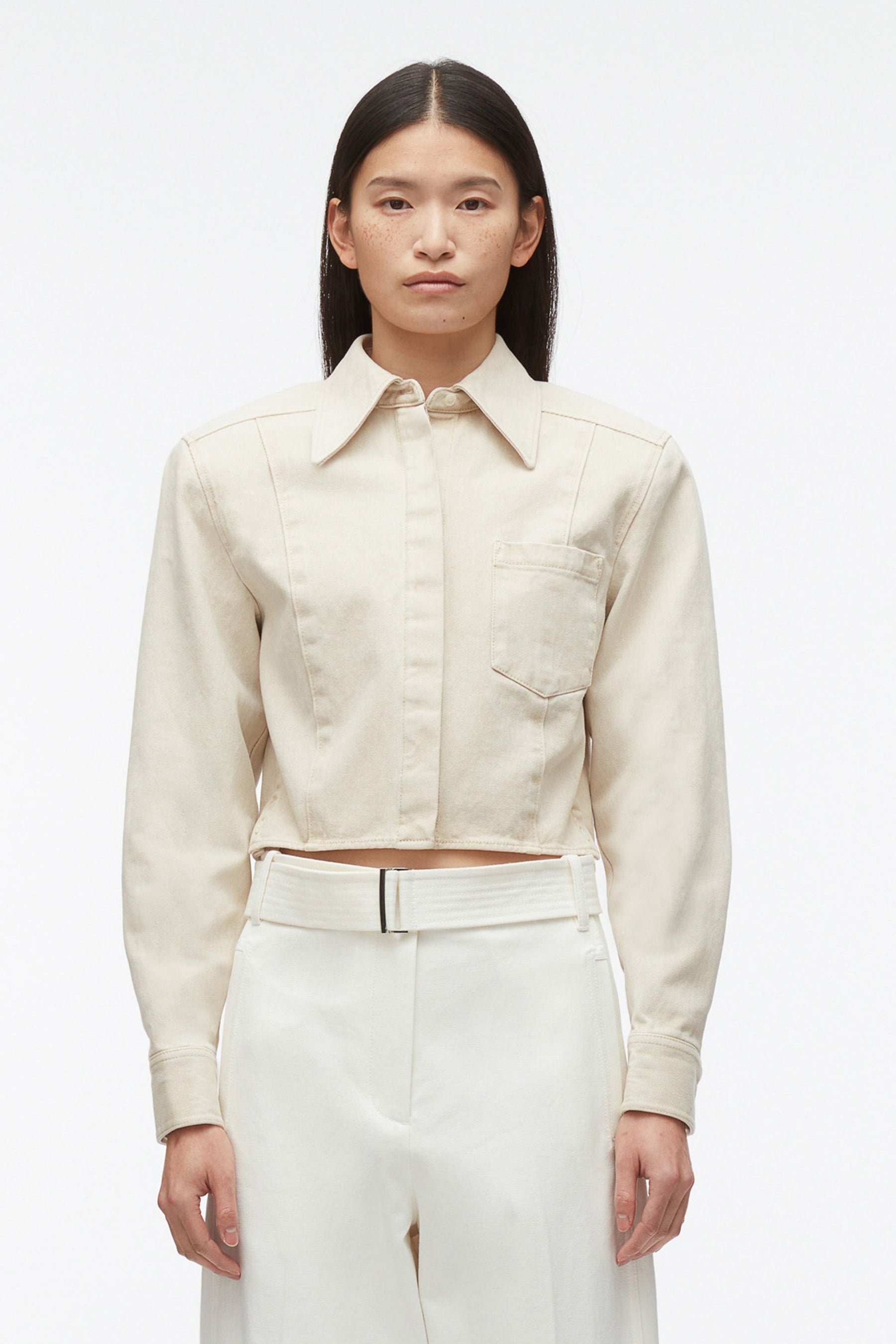 Denim Cropped Shirt with Shoulder Pads - 2