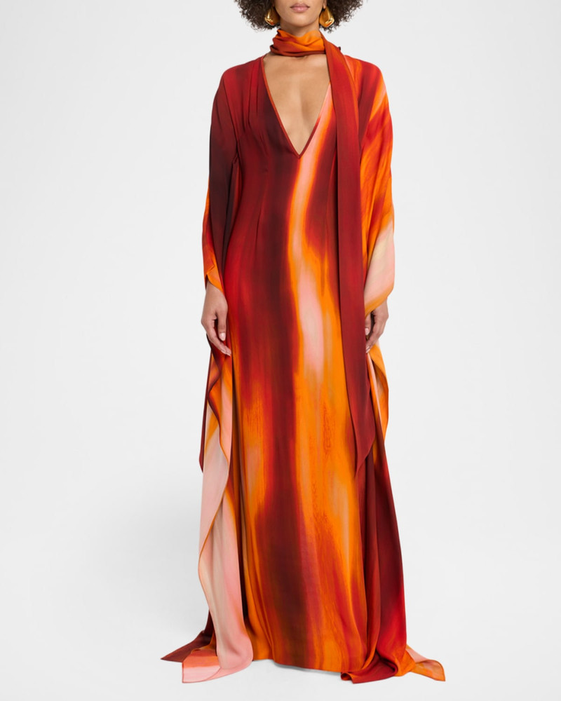 LaQuan Smith Plunging Neck-Scarf Dolman-Sleeve Caftan Gown outlook