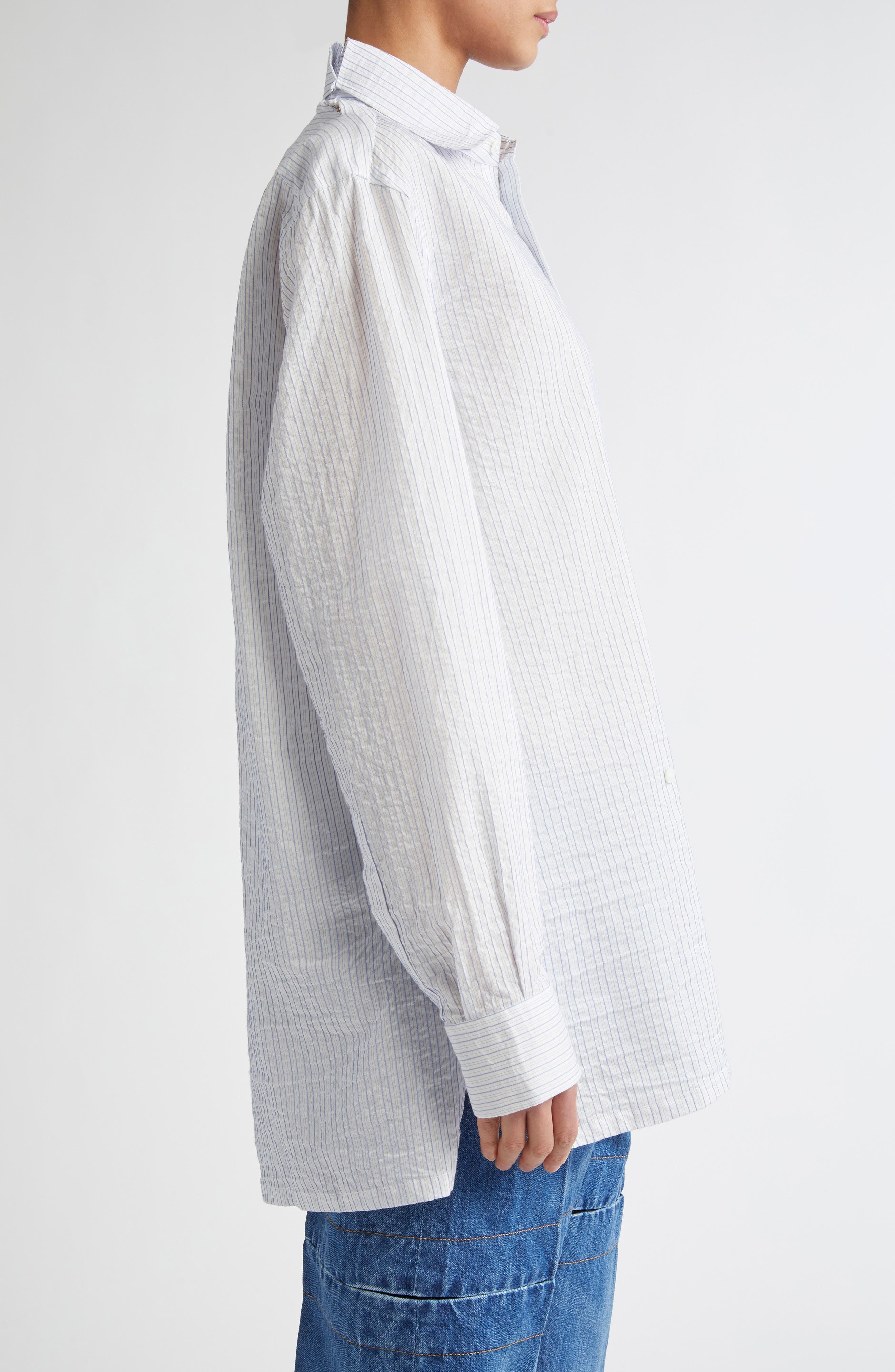 SETCHU Hook & Eye Stripe Cotton & Linen Button-Up Shirt in Light Blue Skystripe at Nordstrom - 5