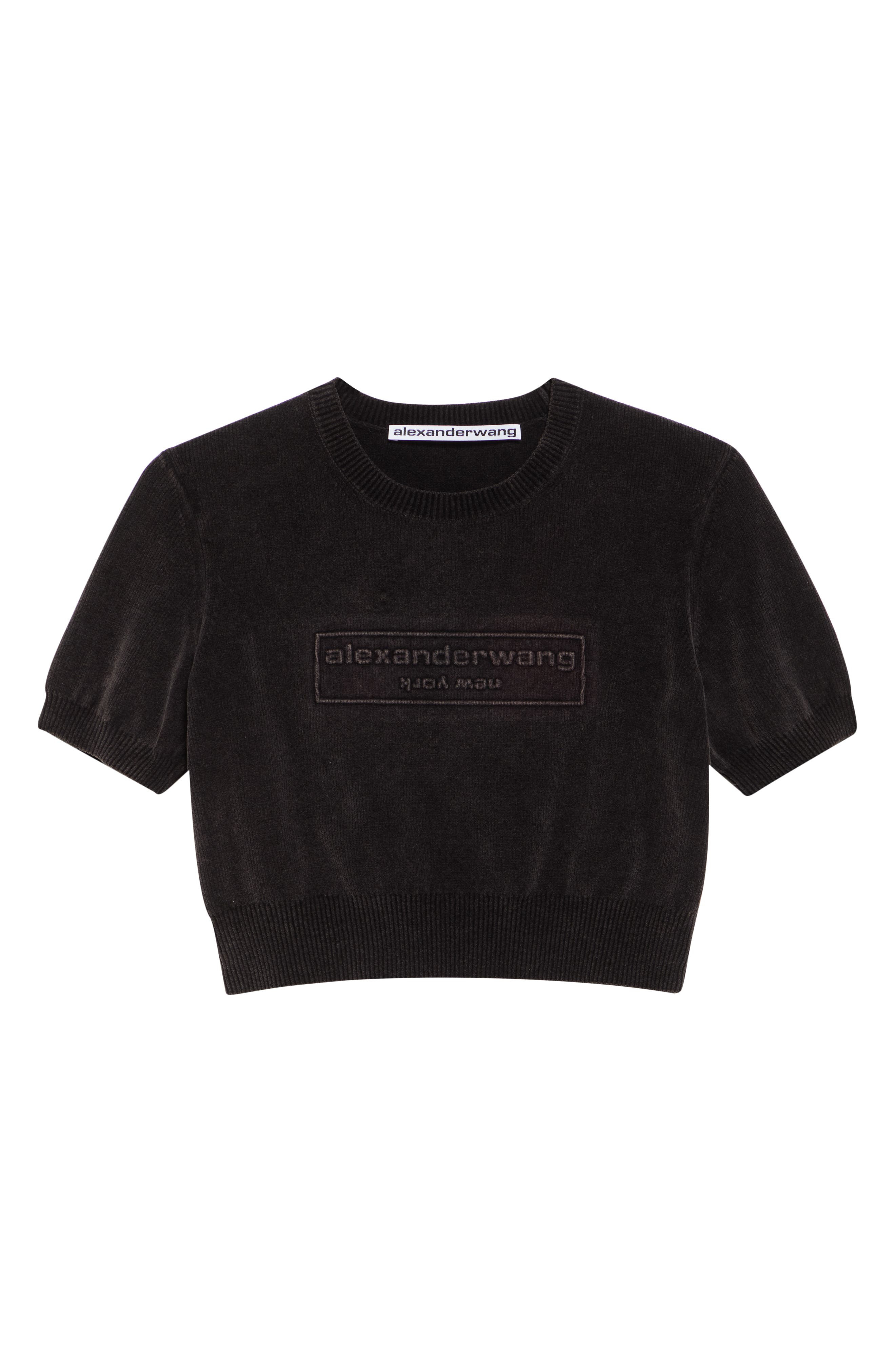 Alexander Wang Logo Short Sleeve Chenille Crop Sweater in Washed Black at Nordstrom - 6