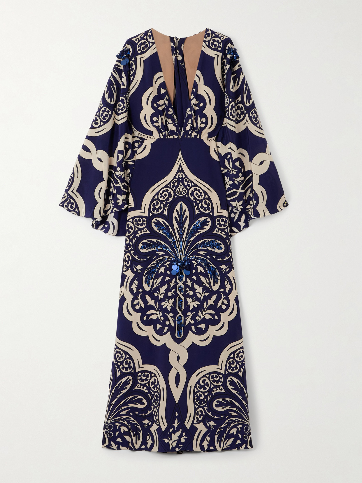 Cape-effect Embellished Printed Silk-crepe Maxi Dress - 1