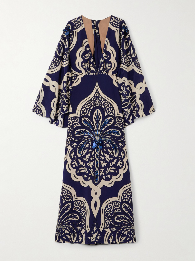 Cape-effect Embellished Printed Silk-crepe Maxi Dress 1