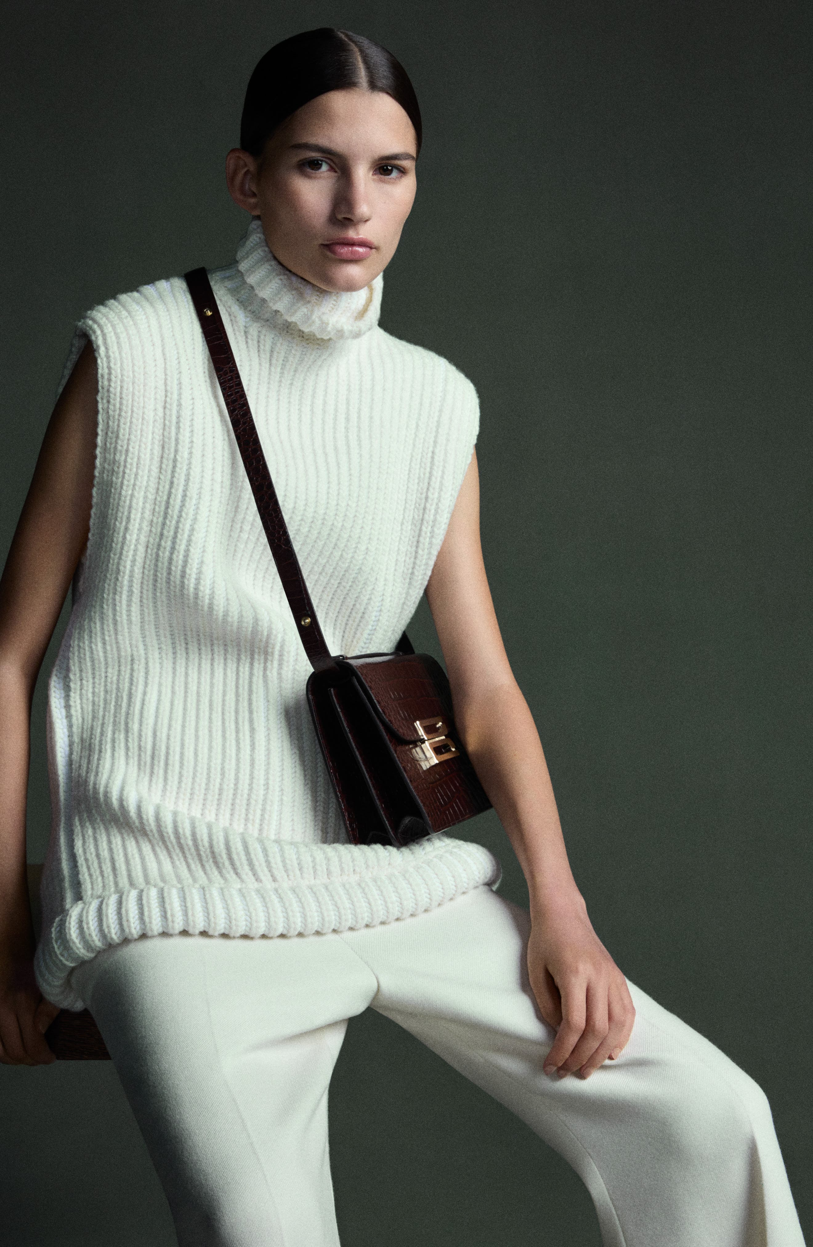 Victoria Beckham Dorian Croc Embossed Leather Shoulder Bag in Espresso 8946 at Nordstrom - 8