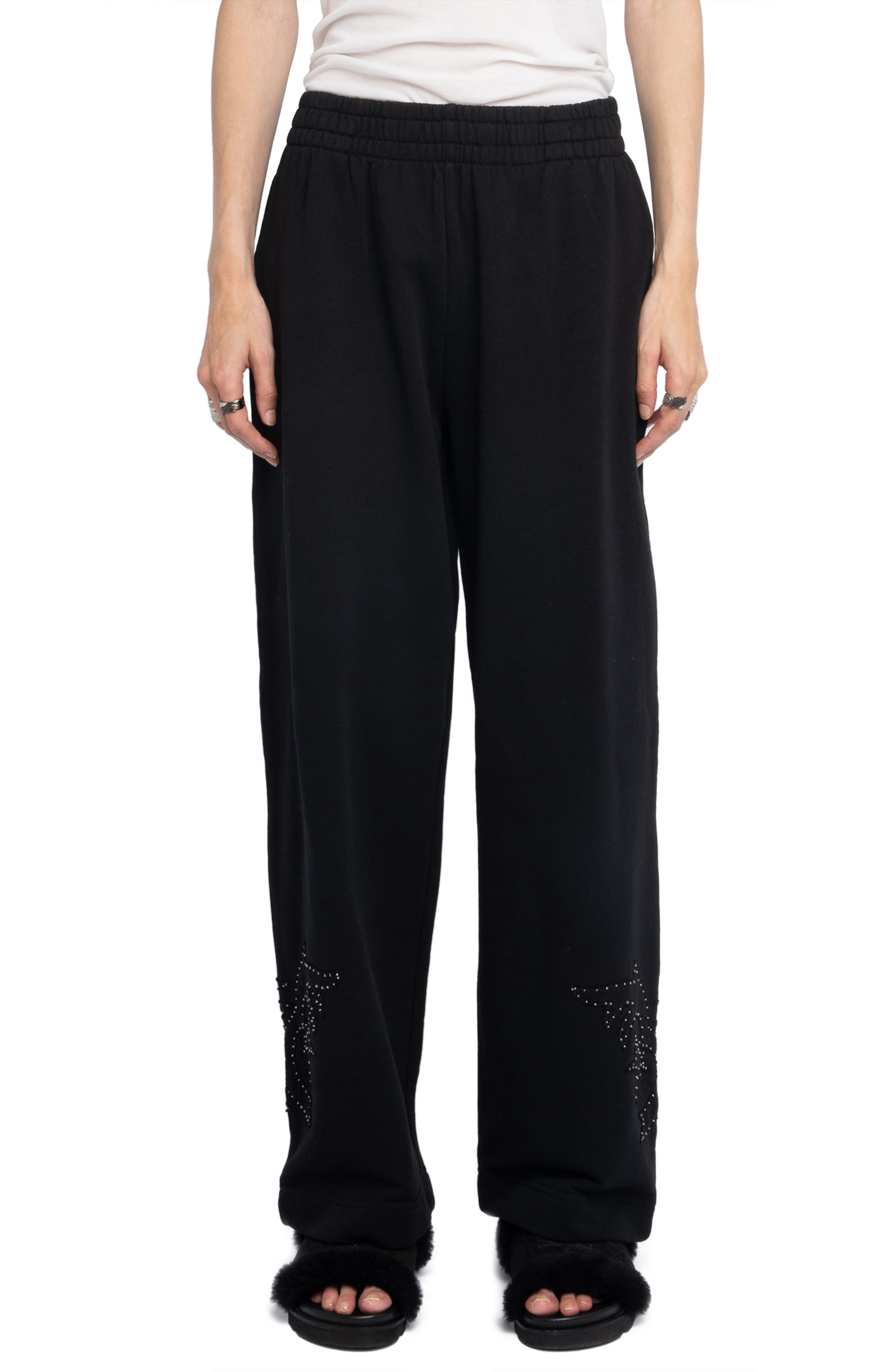 Zadig & Voltaire Clem Mo Patch Stud Cotton Wide Leg Sweatpants in Black at Nordstrom - 1
