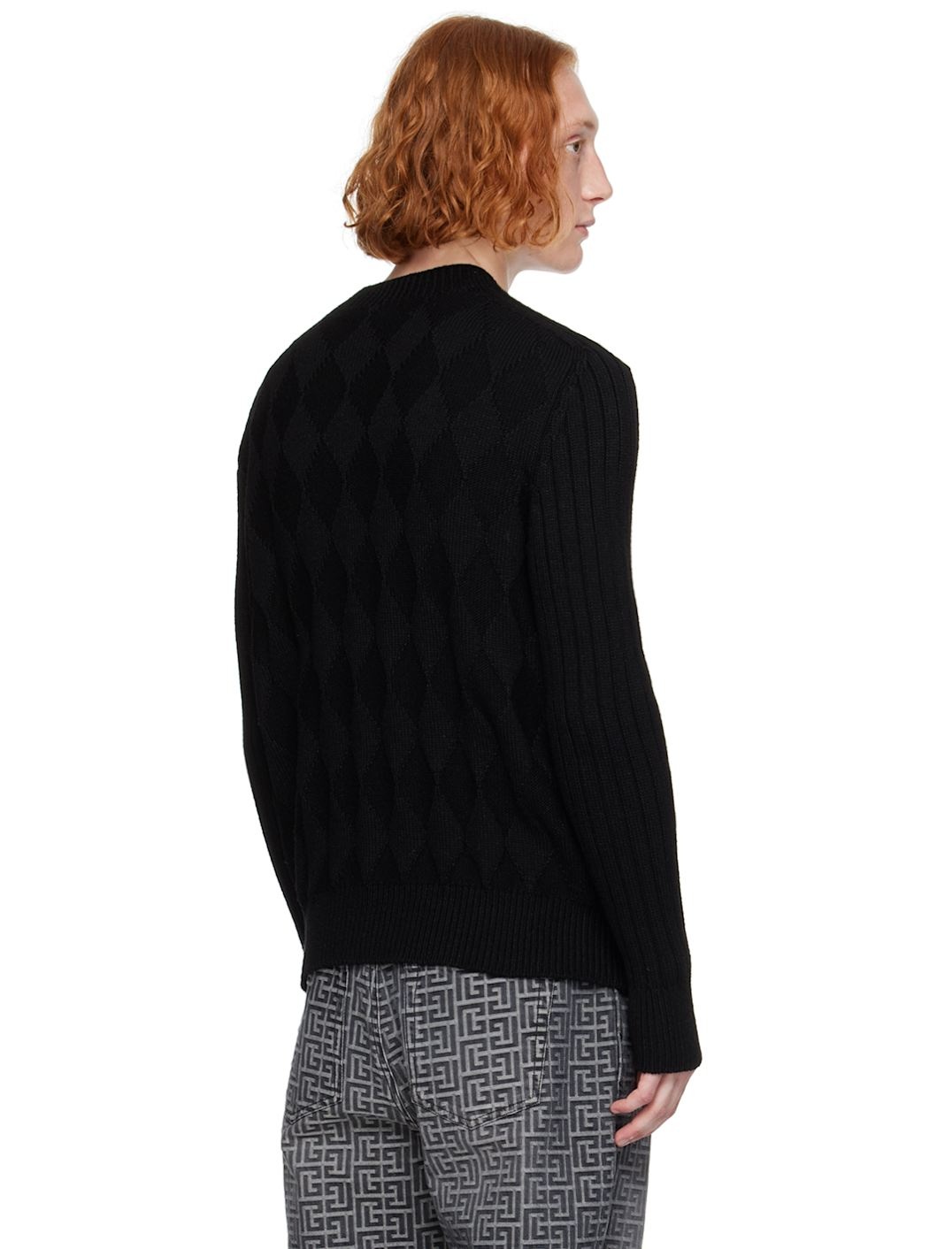 Black Chunky Diamond Jacquard Sweater - 3