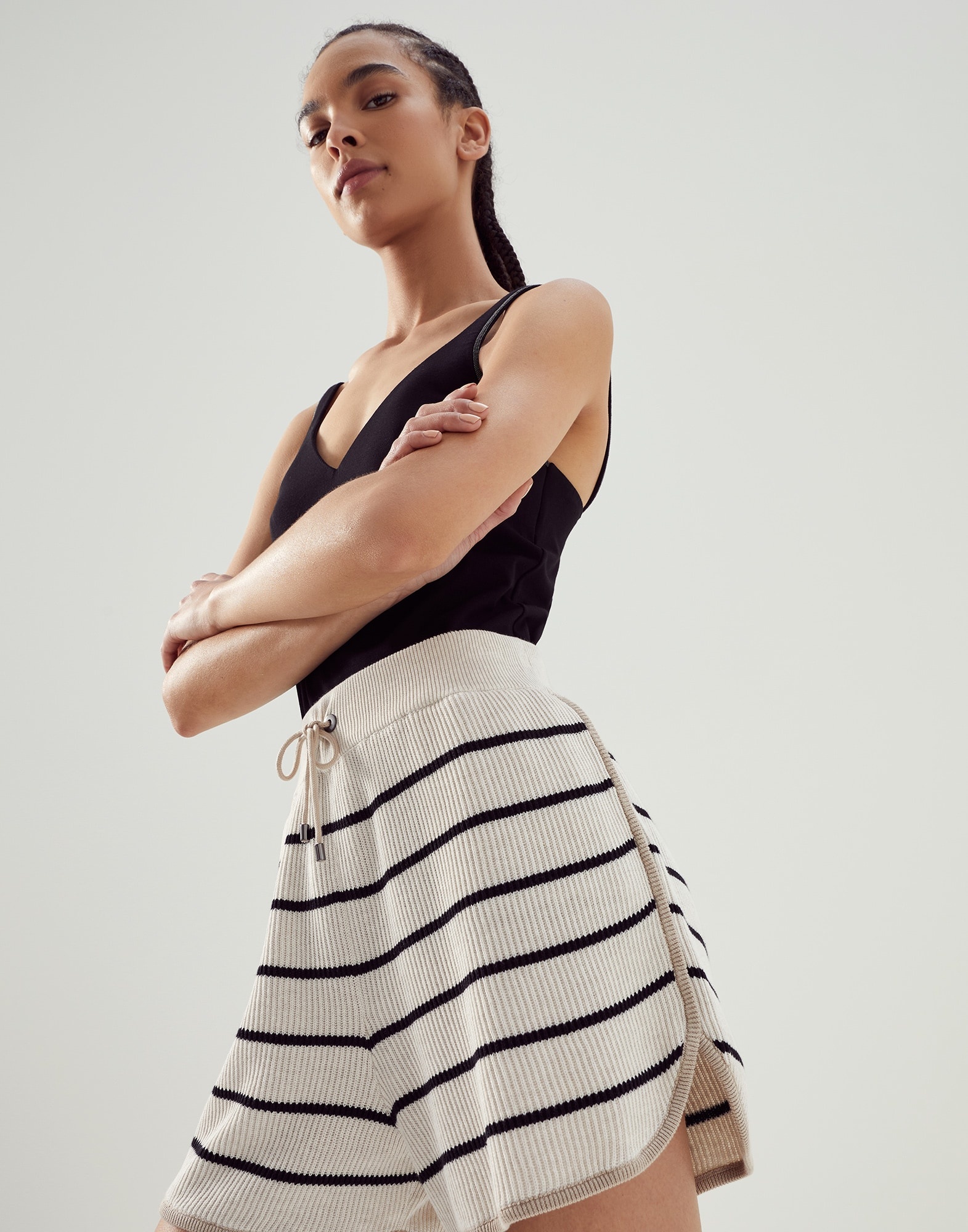 Striped cotton English rib knit shorts - 3