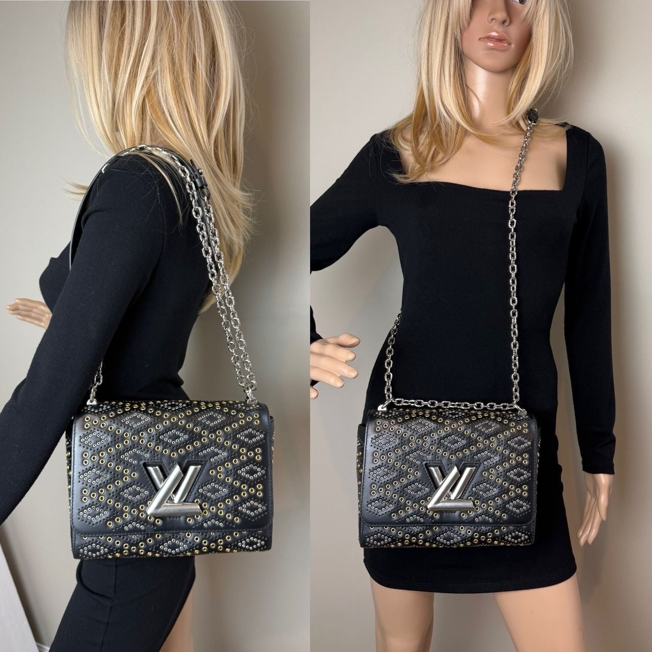 Louis Vuitton Calfskin Eyelet Twist MM Black Gold Silver Shoulder Bag - 13