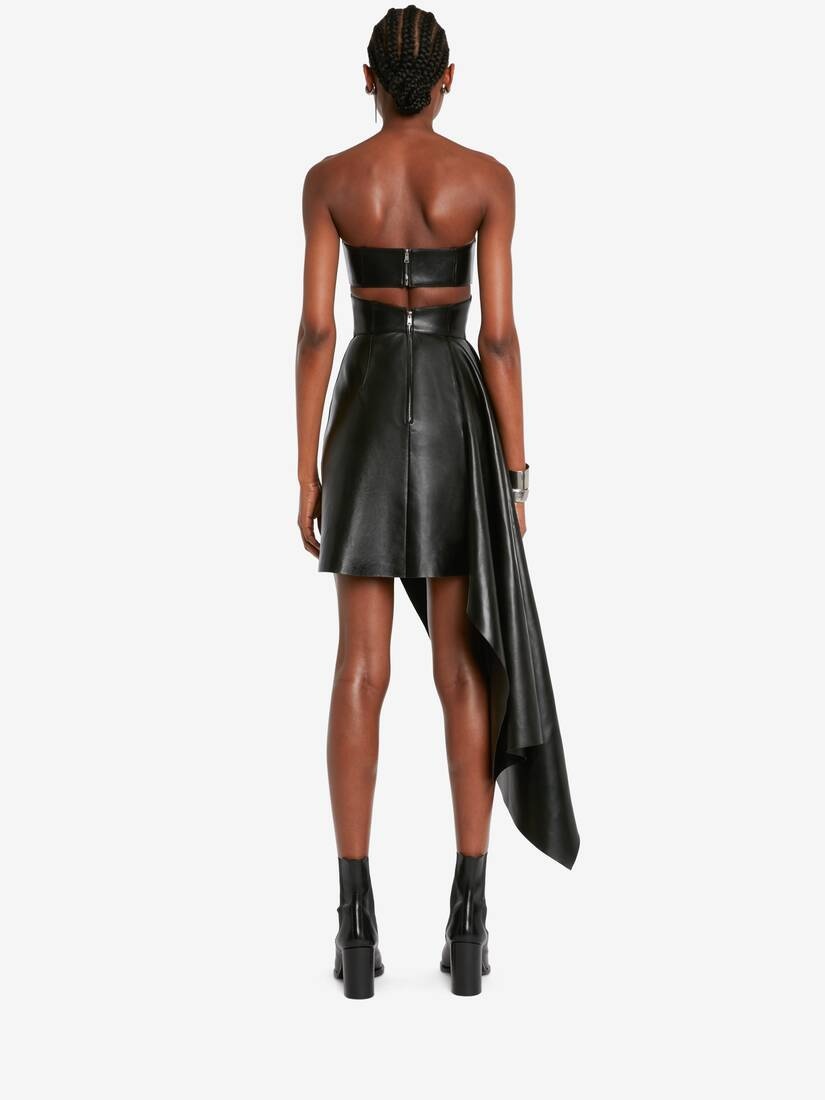Women's Leather Bustier Drape Dress in Black - 4