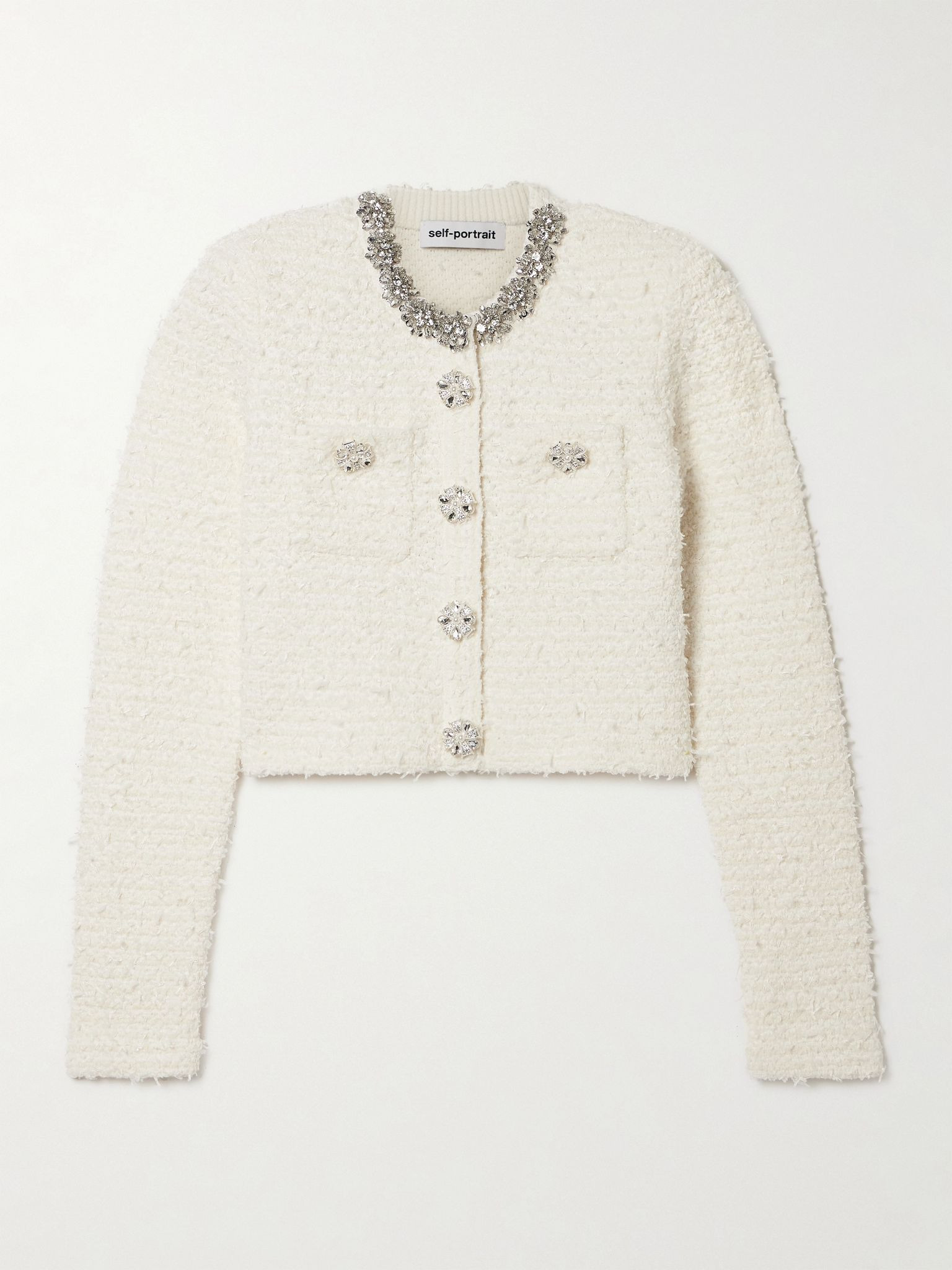 Cropped crystal-embellished cotton-blend bouclé cardigan Cream - 1