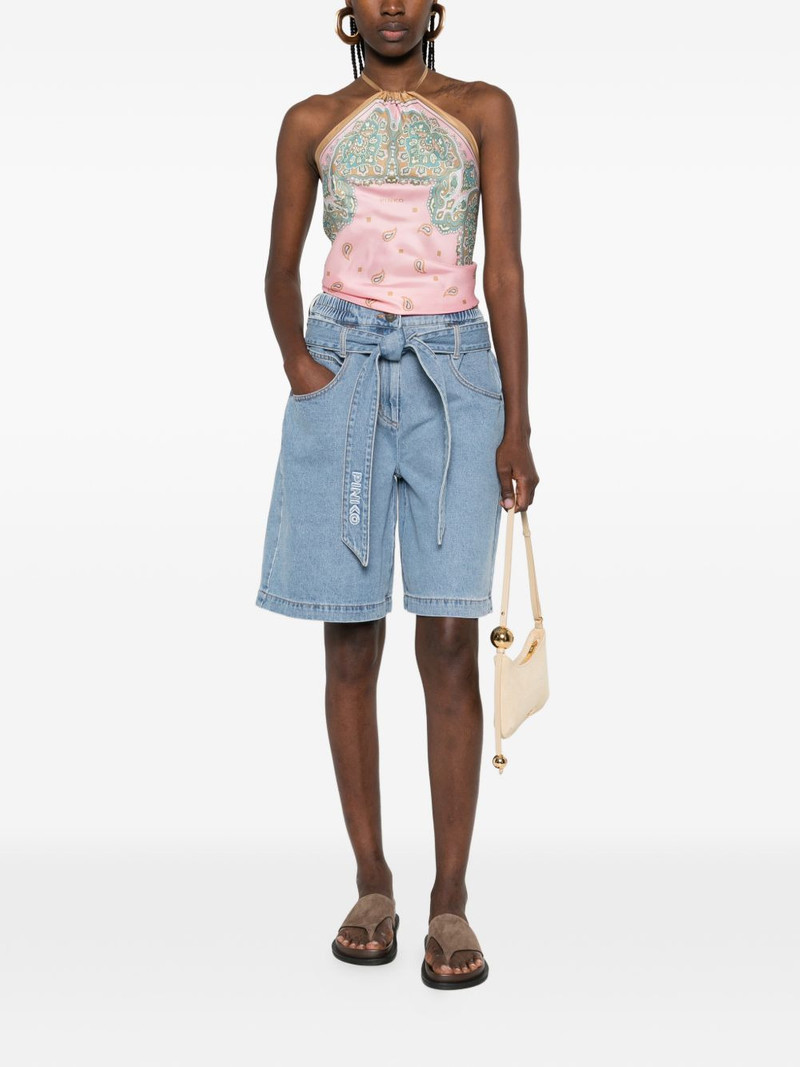 PINKO belted elasticated-waistband denim knee-length shorts outlook