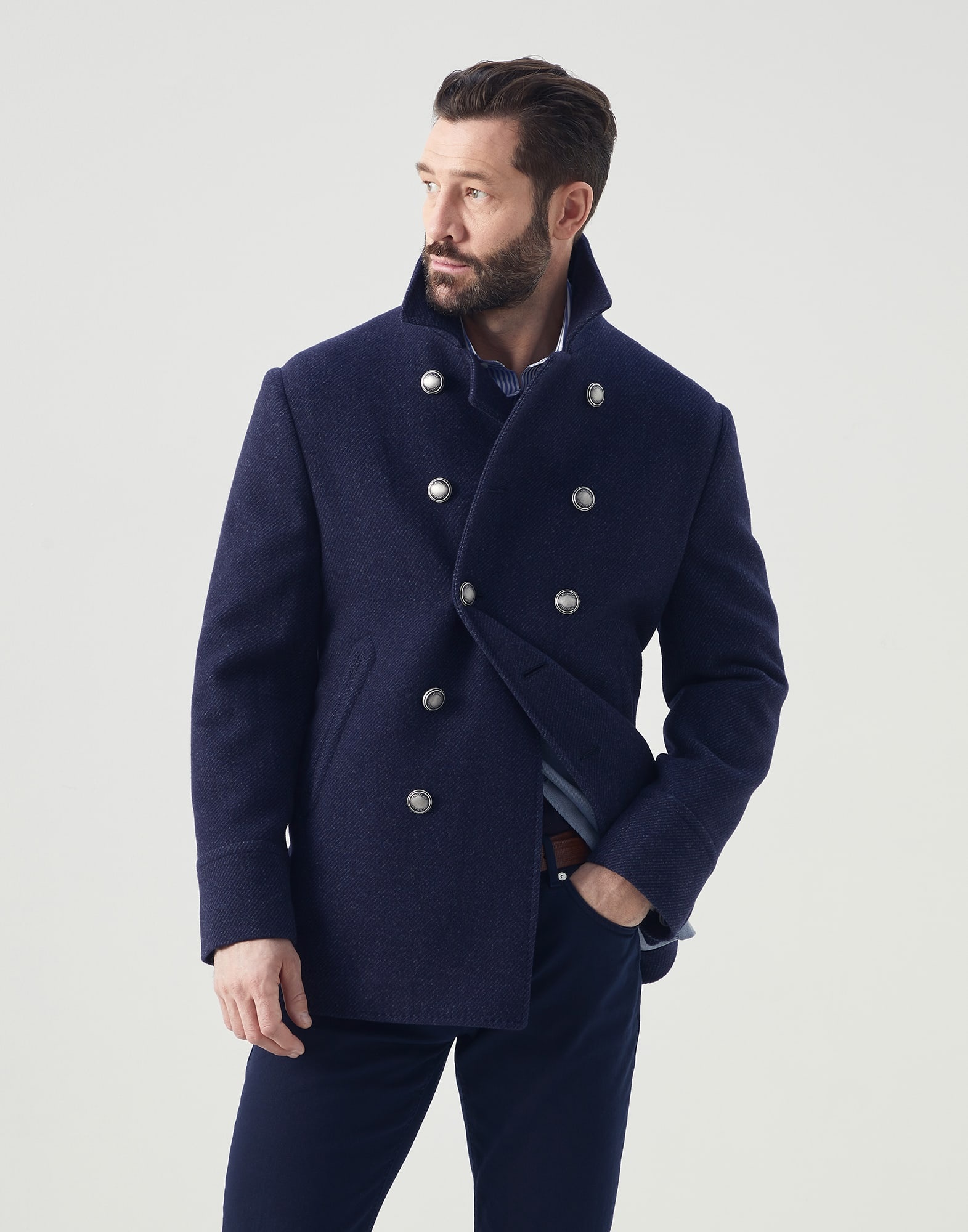 Wool and cashmere diagonal double cloth pea coat with metal buttons - 1