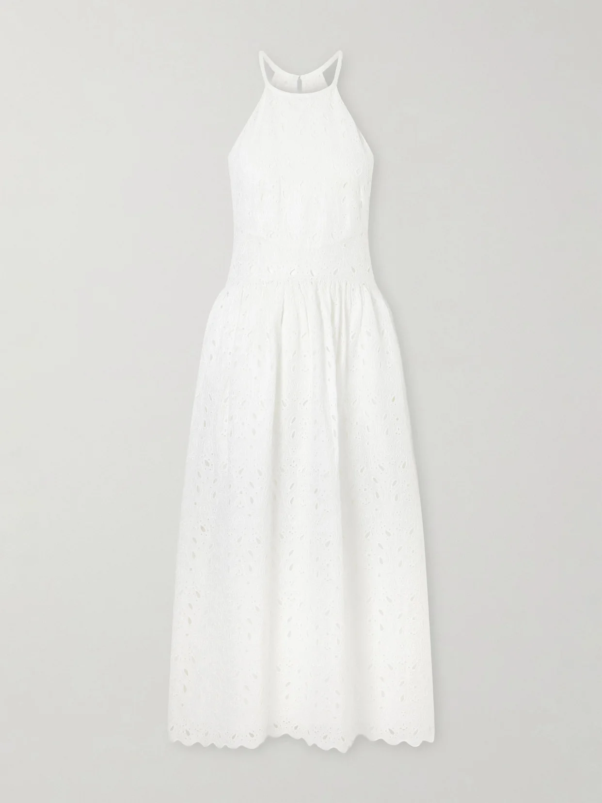 Scalloped Broderie Anglaise Ramie Halterneck Midi Dress - 1