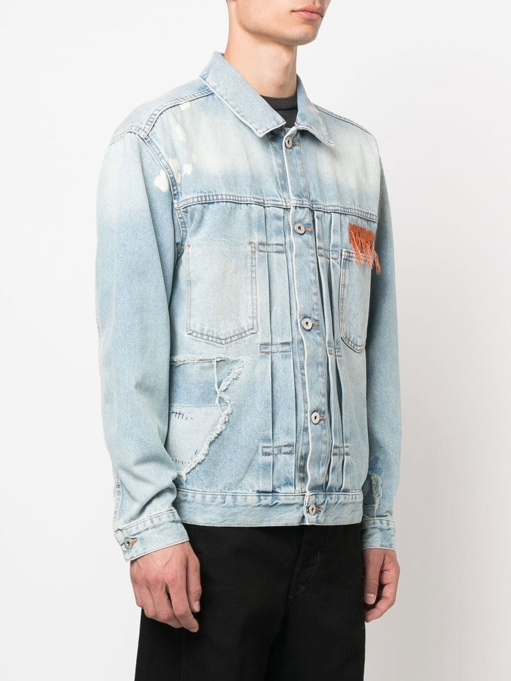 distressed logo-embroidered denim jacket - 3