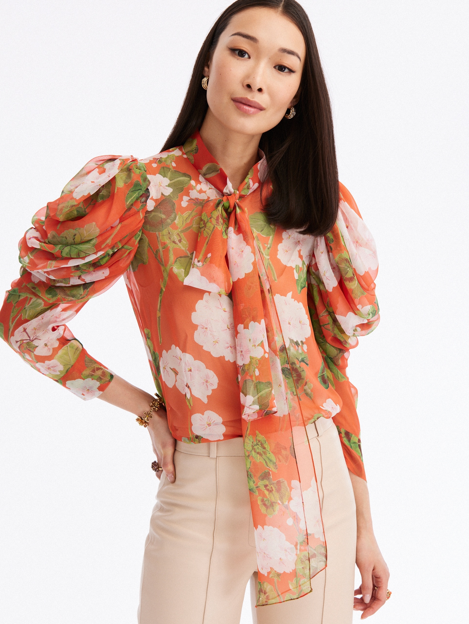 DRAPED SLEEVE GERANIUM CHIFFON BLOUSE - 4
