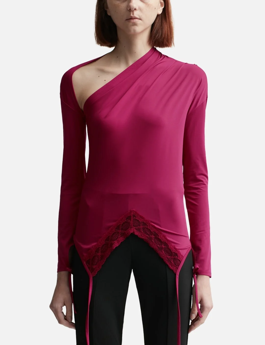 RED ASYMMETRY NECK JERSEY TOP - 1