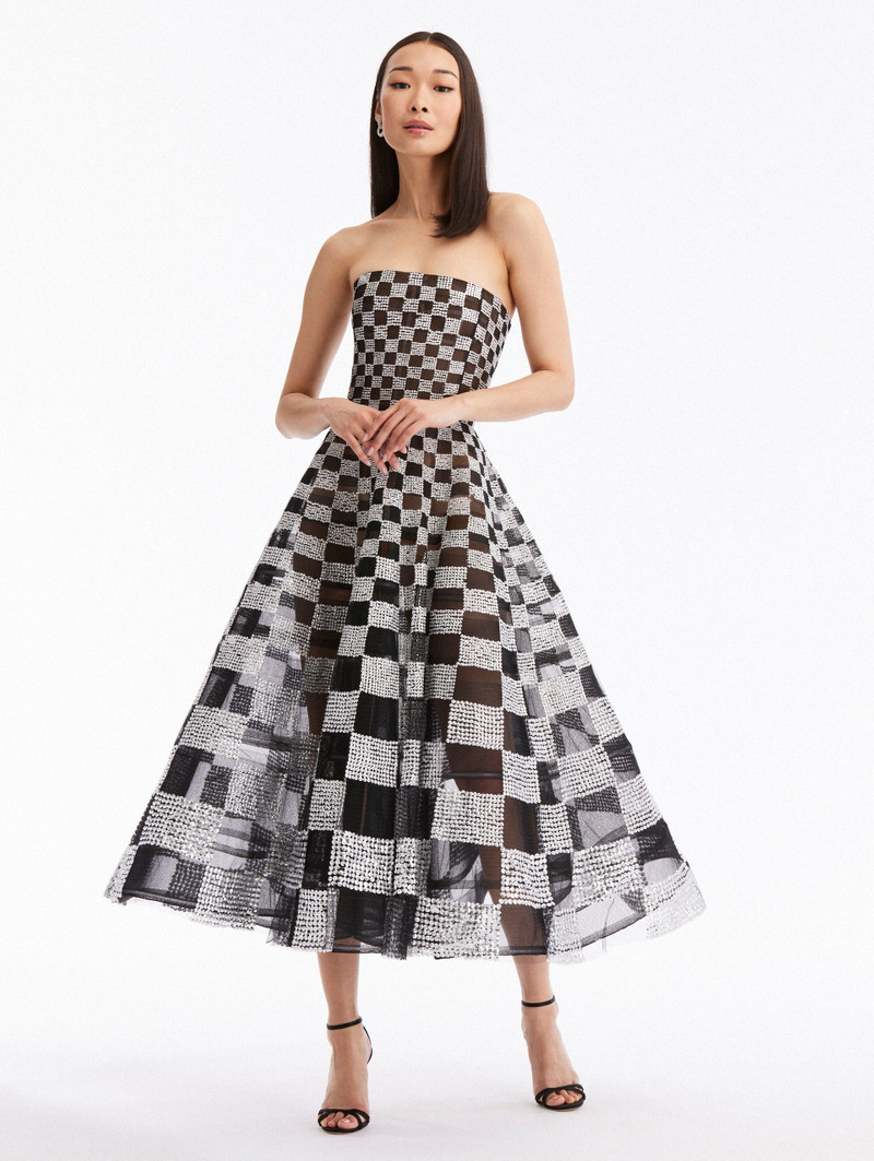 PAILLETTE GRID EMBROIDERED TULLE GOWN 1