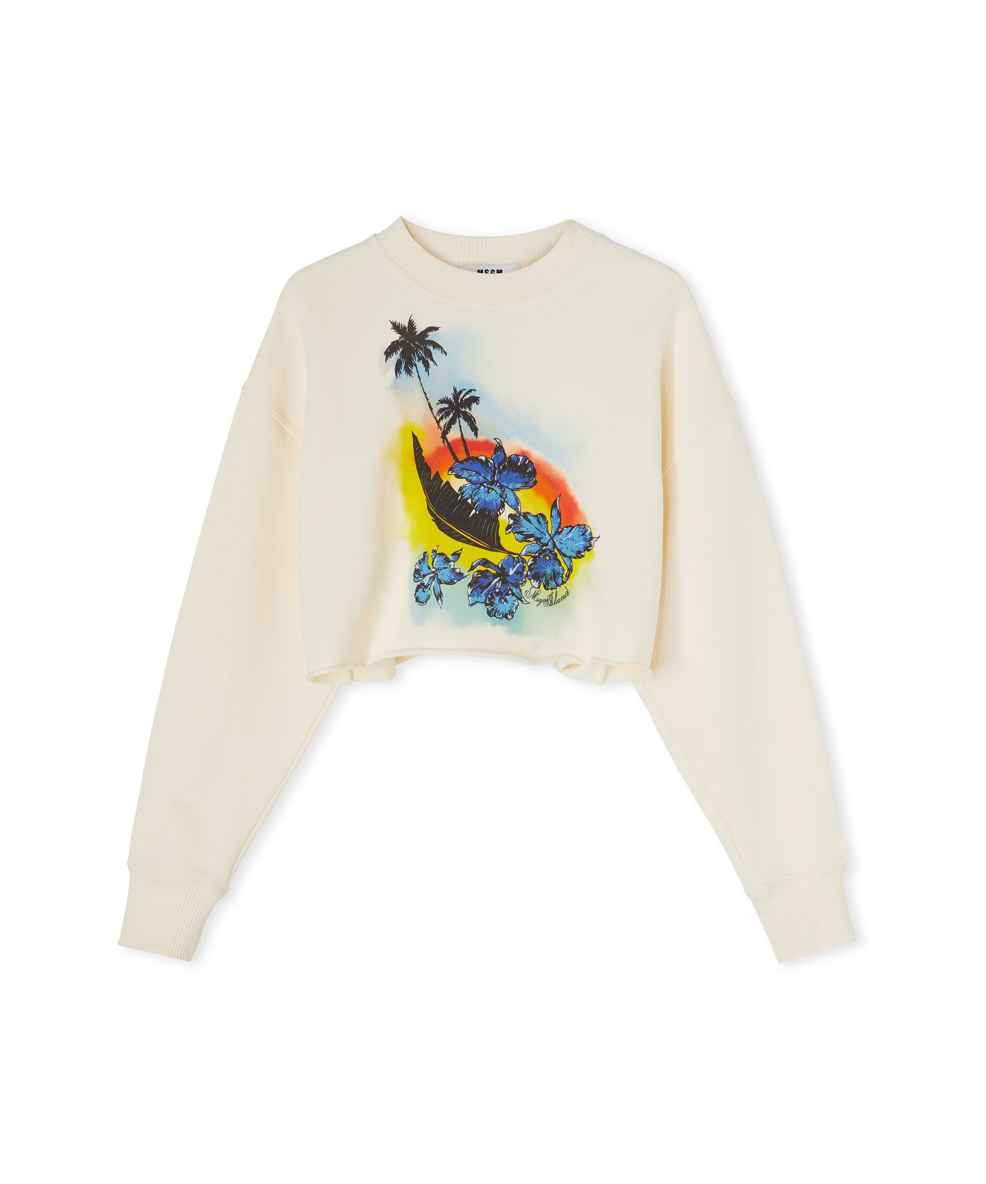 Solid color cotton crop crewneck sweatshirt with "MSGM Sunset" graphic - 3