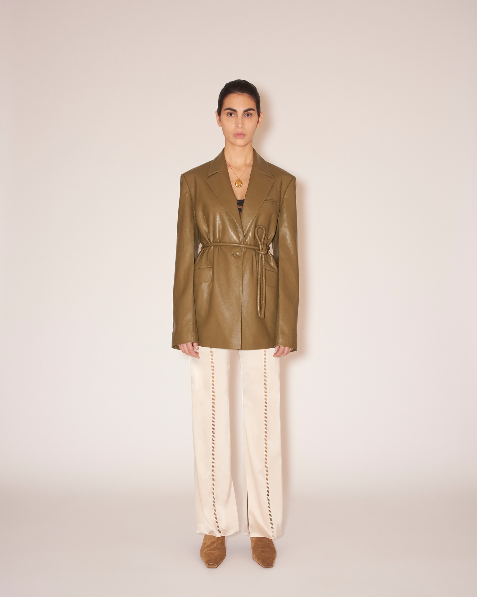 MARIKO - Vegan leather tie-waist blazer - Olive - 2
