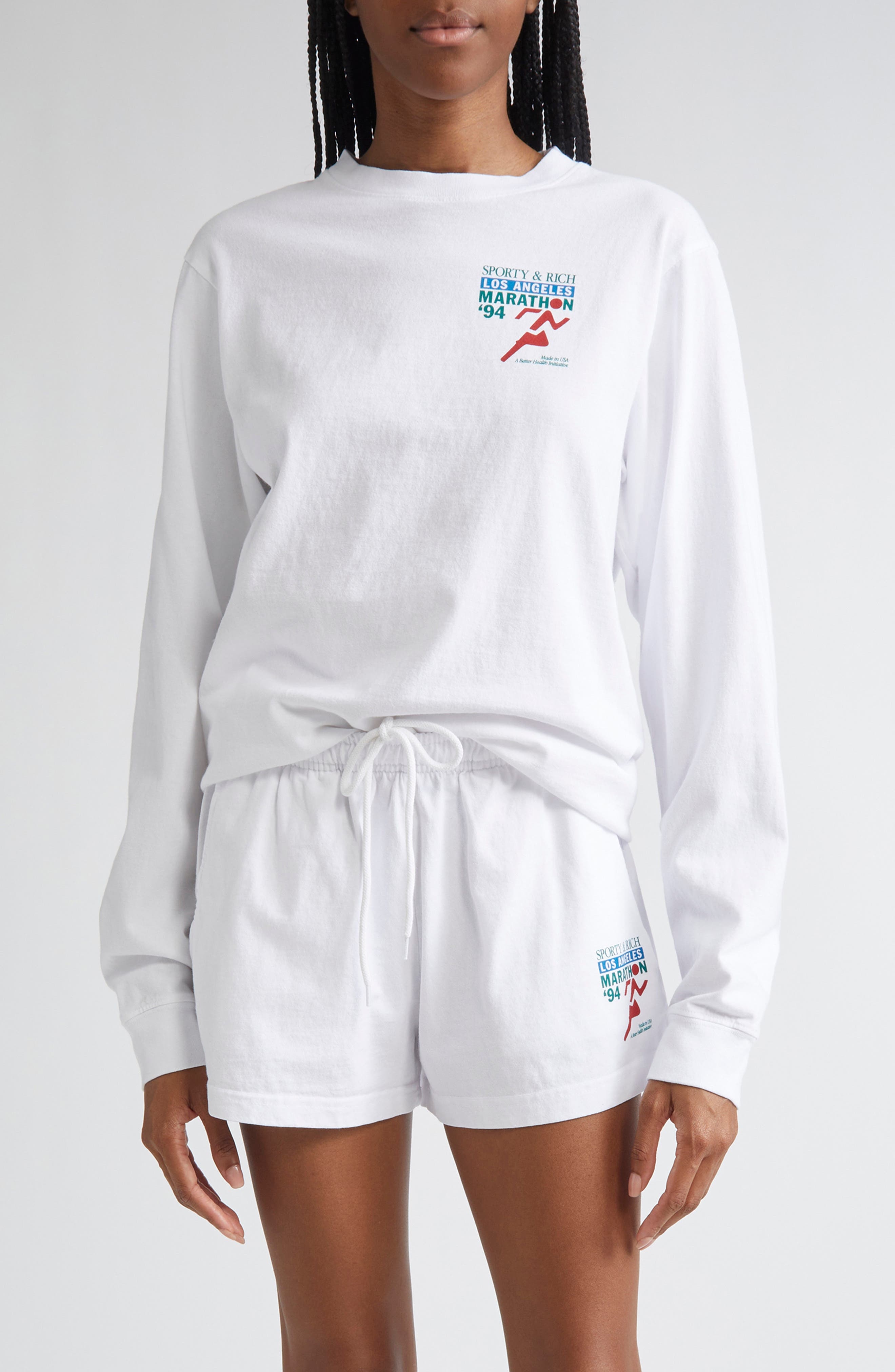 Sporty & Rich LA Marathon Long Sleeve Cotton T-Shirt in White at Nordstrom - 1