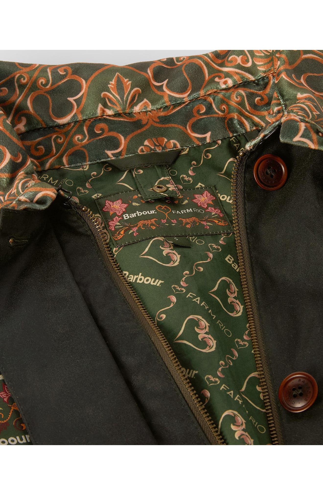 Barbour x FARM Rio Maria-Clara Waxed Jacket in Fern/Green Heart Print at Nordstrom - 6