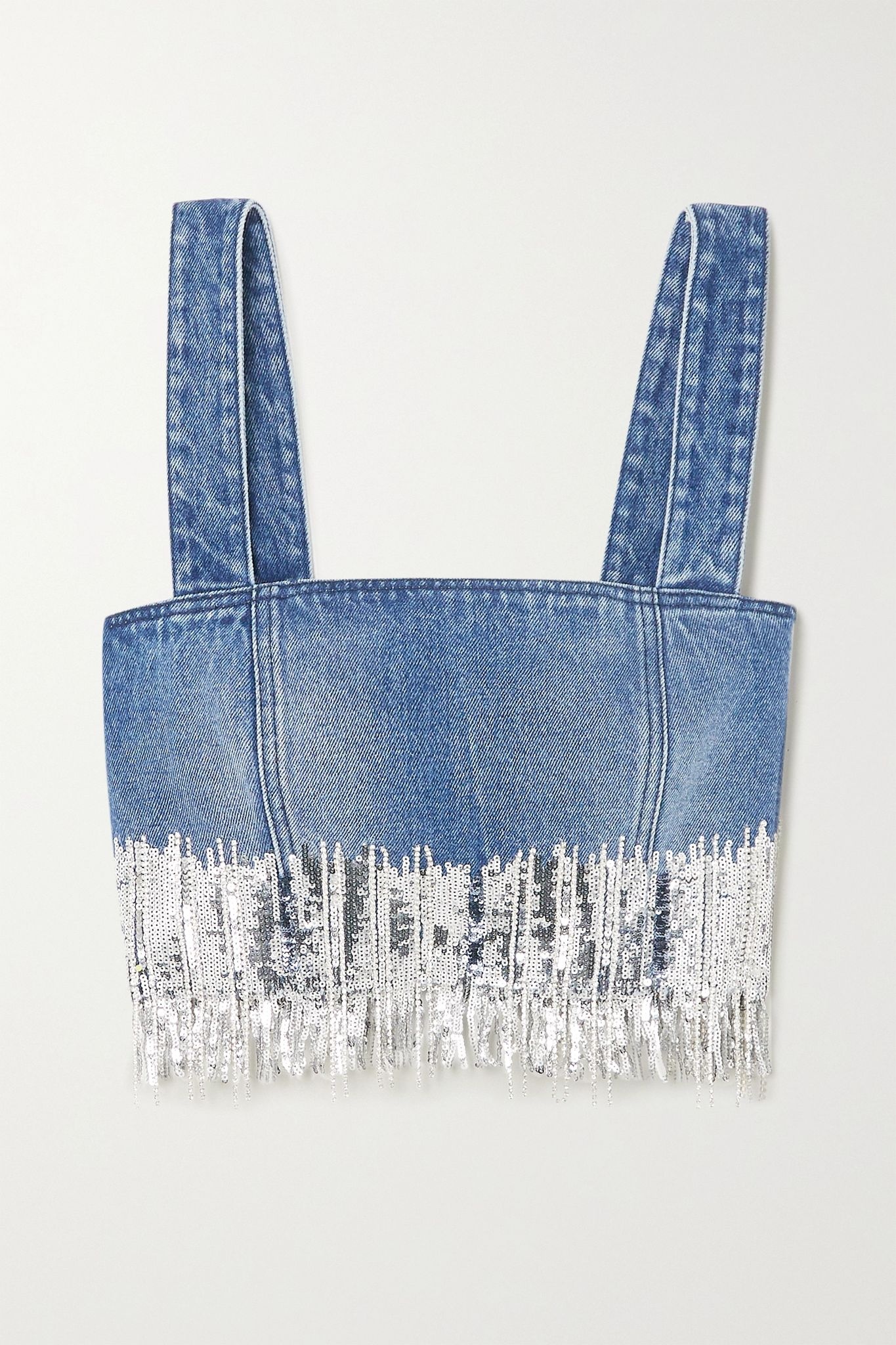 Cropped fringed sequined denim top - 1