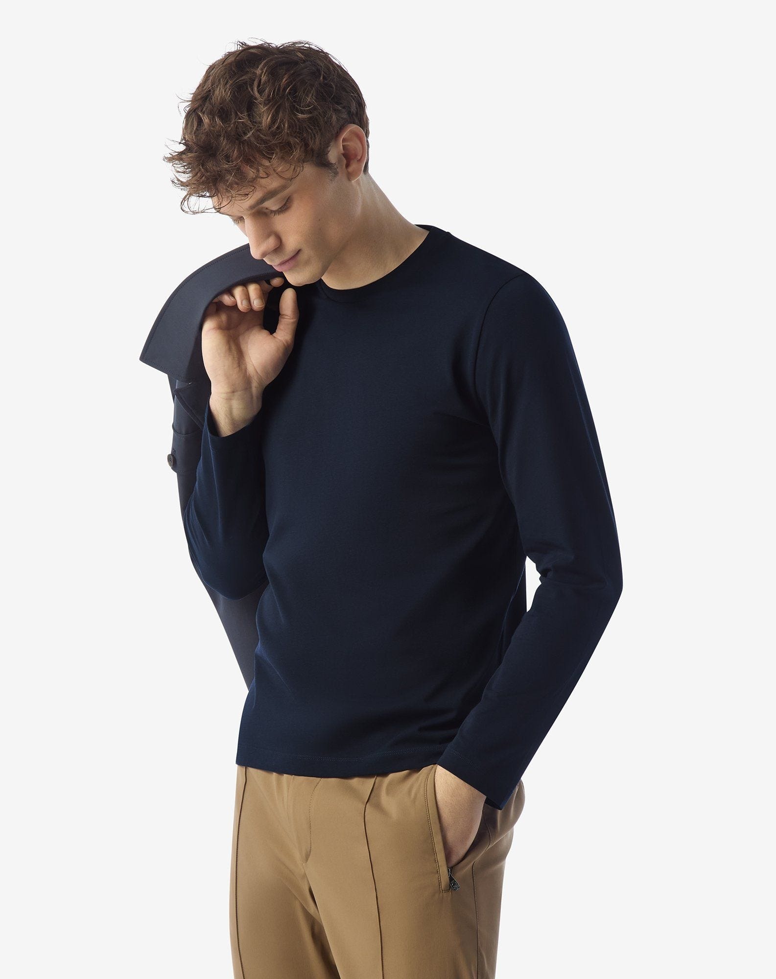 Navy blue crew neck stretch cotton t-shirt - 2