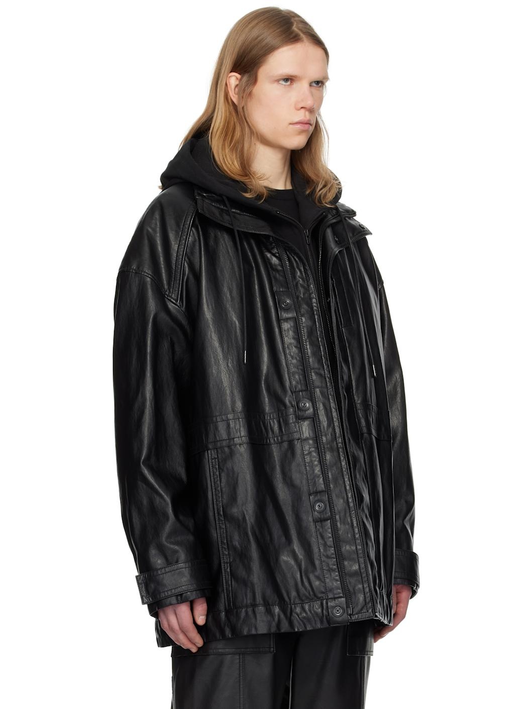 Juun. J Black Hood Detachable Car Faux-Leather Coat - 2