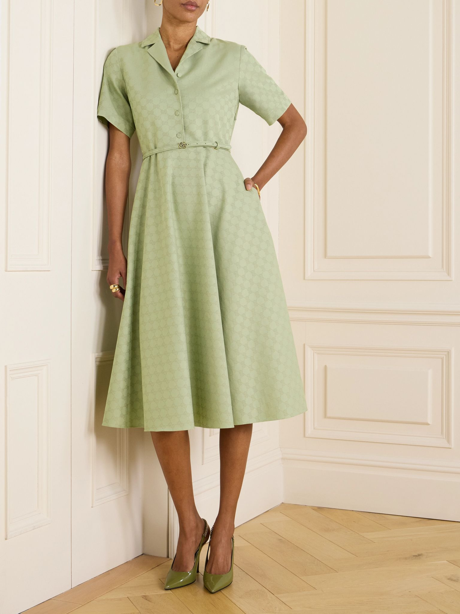 Belted gabardine-jacquard midi shirt dress Green - 2