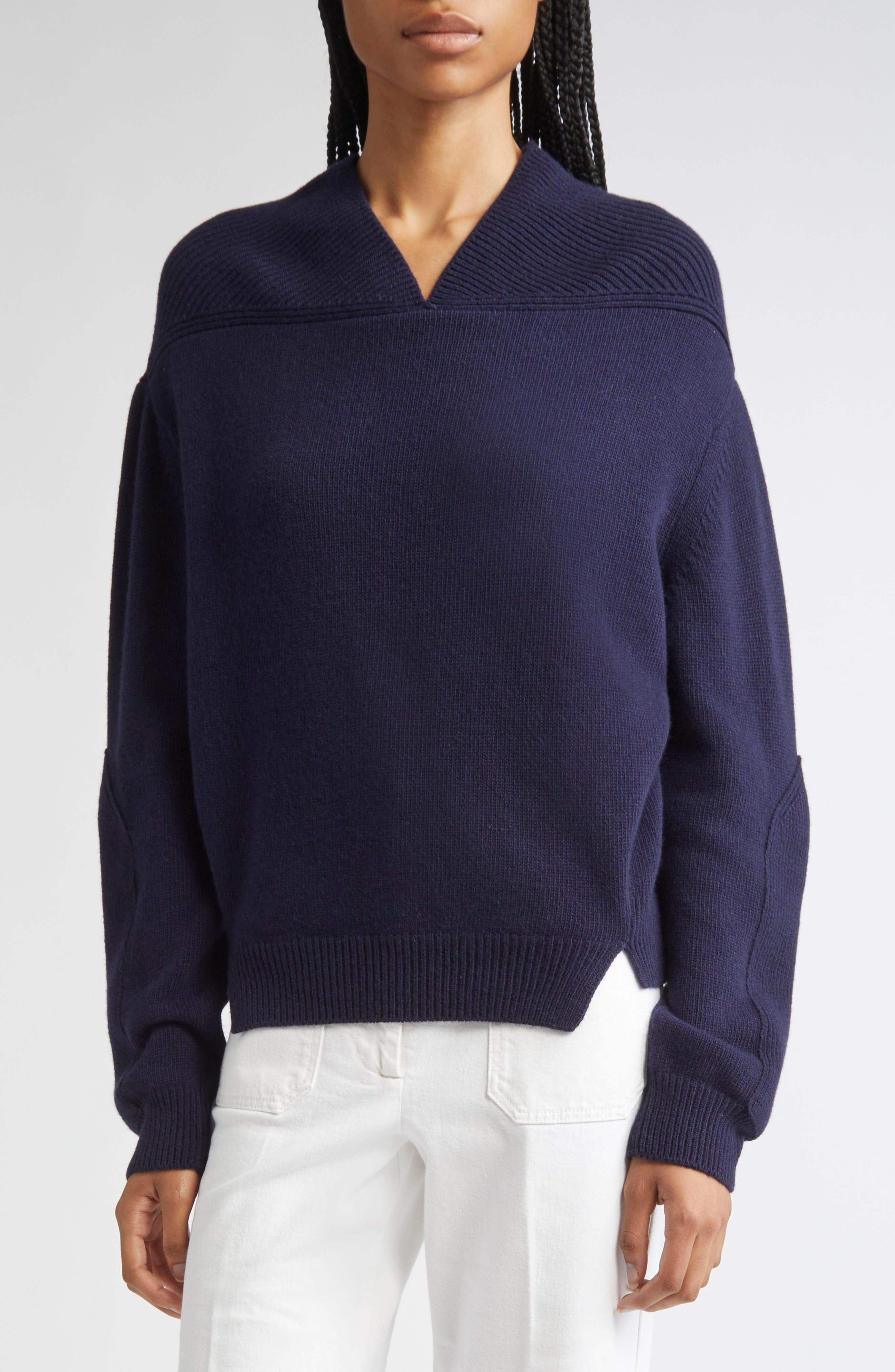 Victoria Beckham V-Neck Yoke Detail Merino Wool & Cashmere Sweater in Navy at Nordstrom - 1