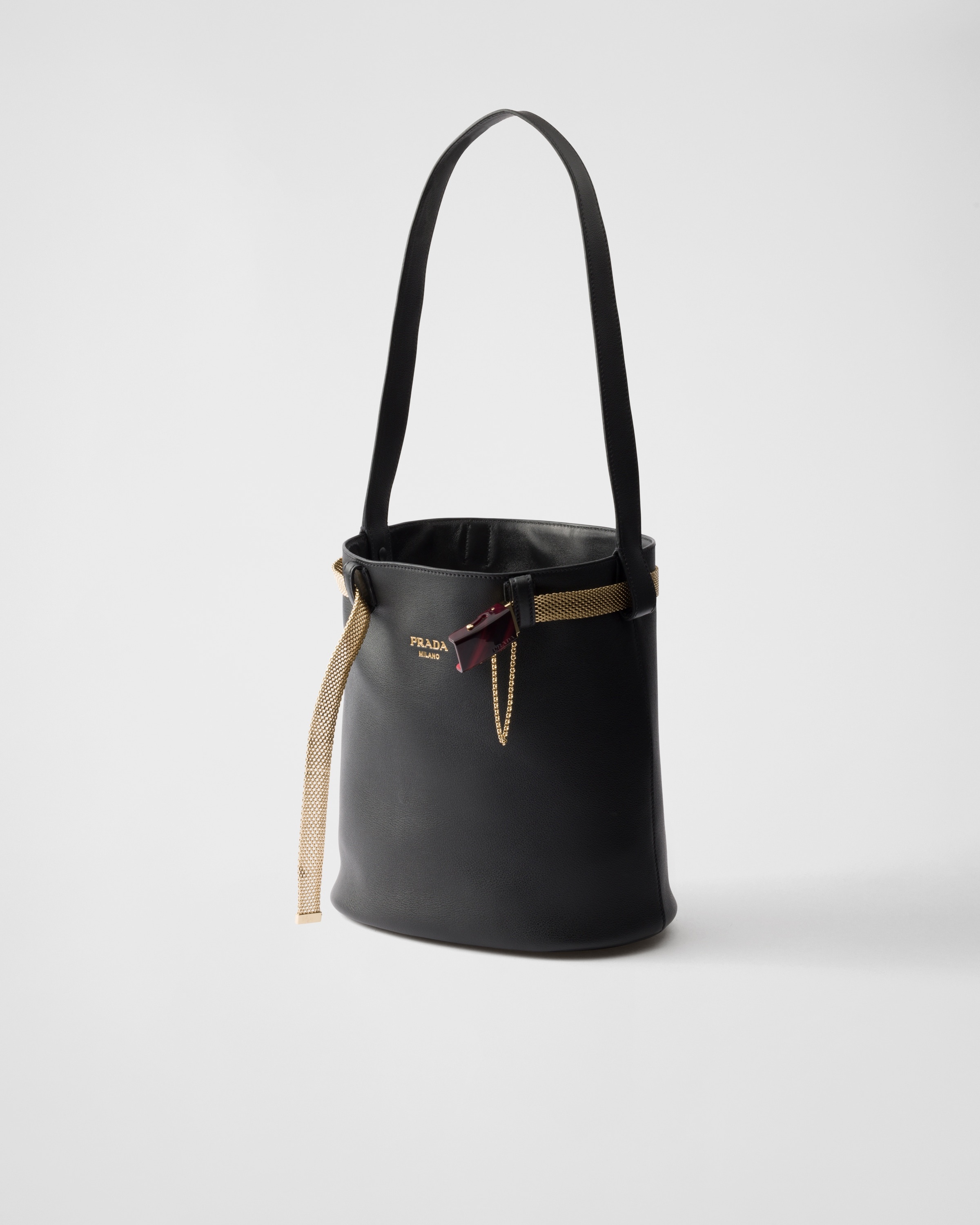 Prada Prada Buckle leather bucket bag with jeweled belt