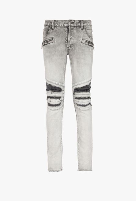 Slim cut ripped gray cotton jeans with synthetic leather panels - 1