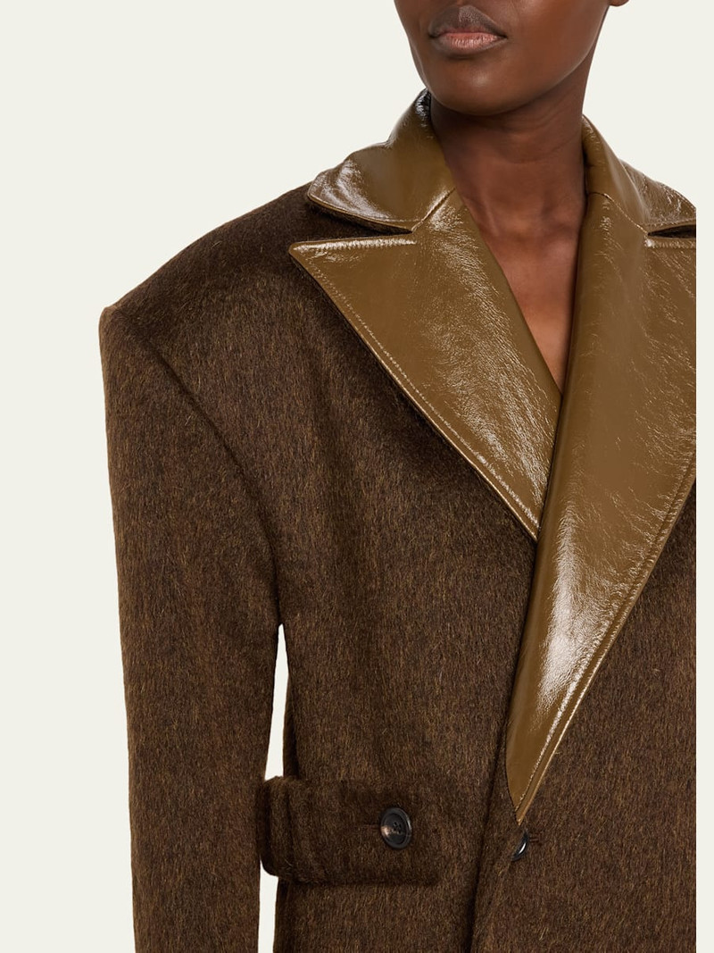 Shiny-Leather Lapels Double-Breasted Faux-Fur Trench Coat 5