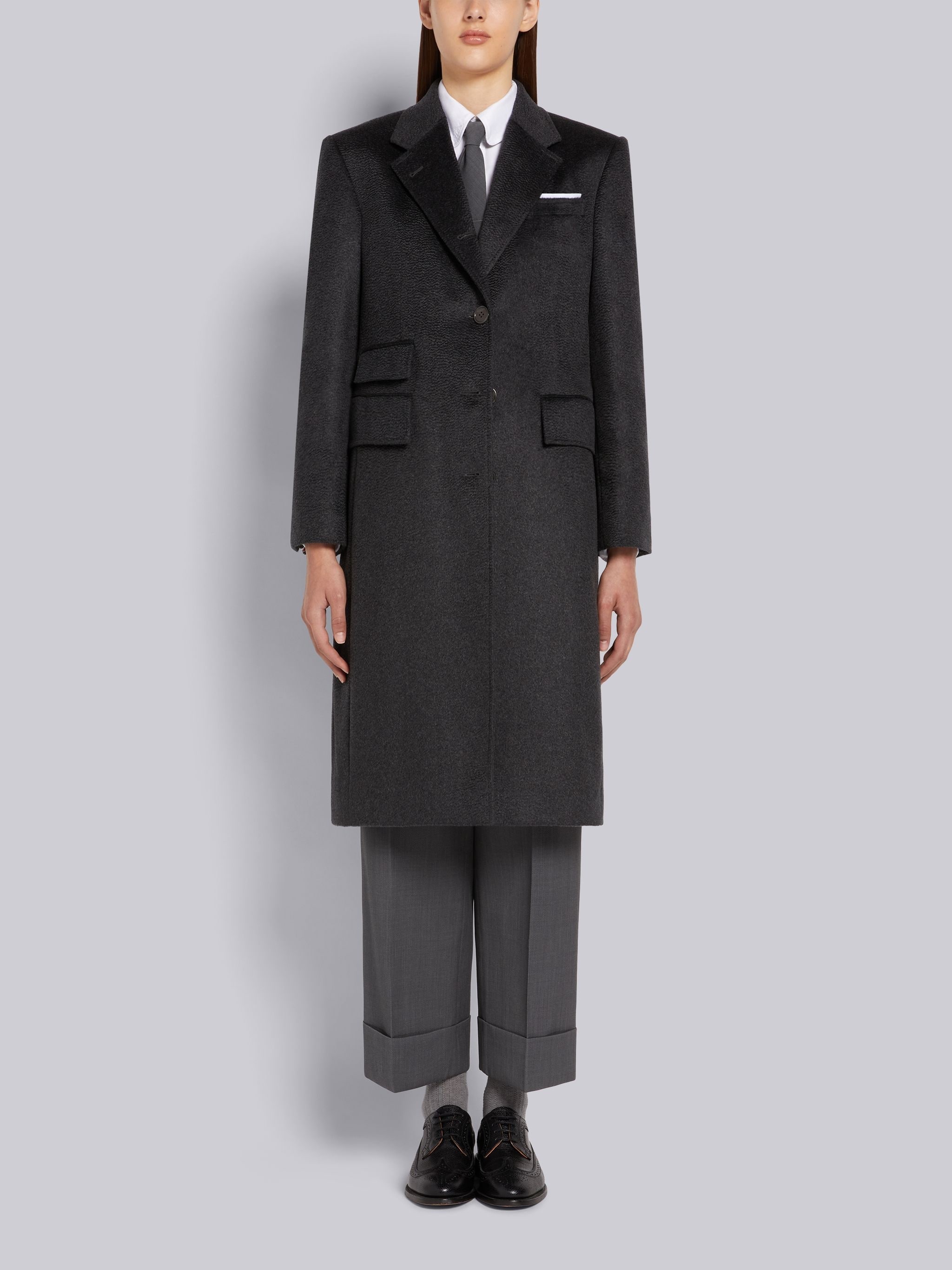 Dark Grey Zibeline Finish Coat Weight Cashmere Single Vent Overcoat - 1