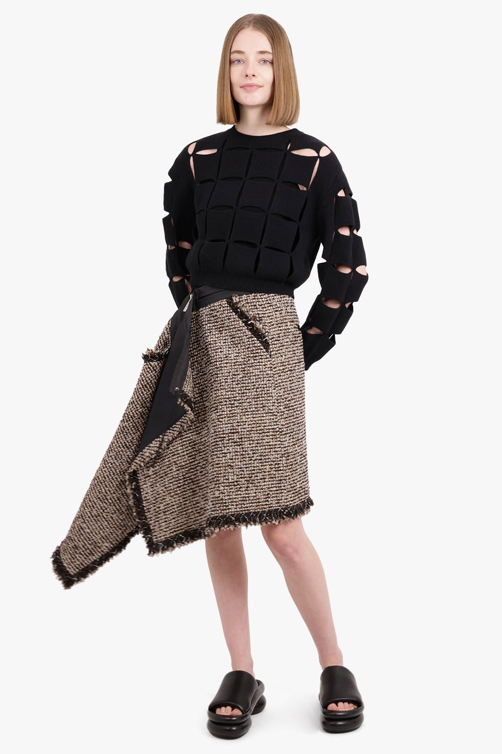 ASYMMETRIC TWEED SKIRT | BROWN - 2